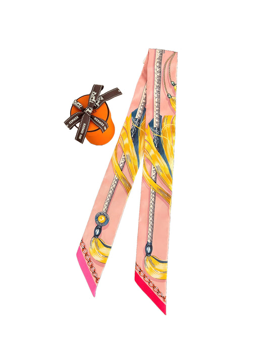 Hermes Cavalcades Silk Twilly Scarf in Rose Poudre / Jaune D’or / Bleu