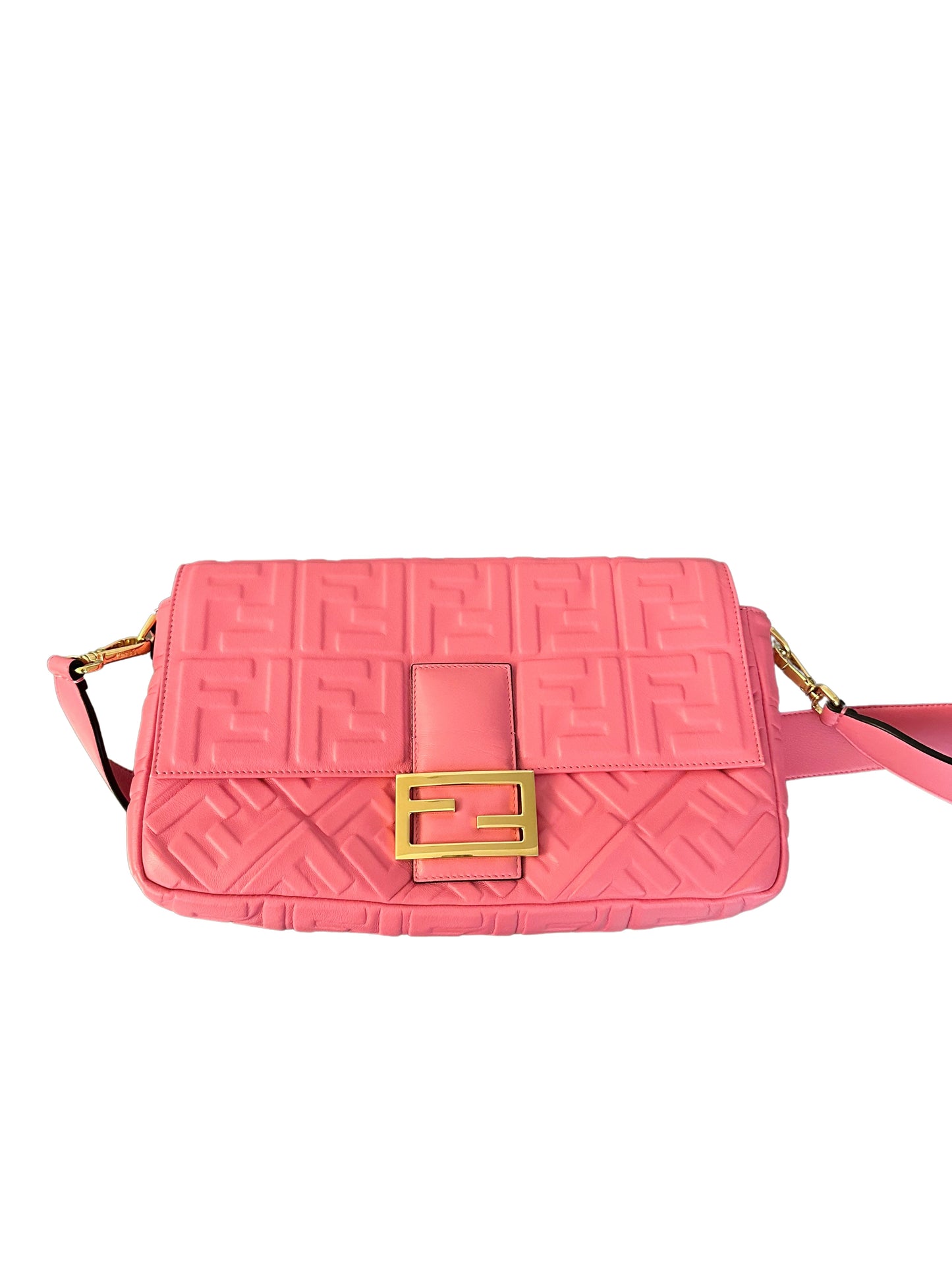 Fendi Baguette NM Bag Zucca Embossed Leather Large Pink