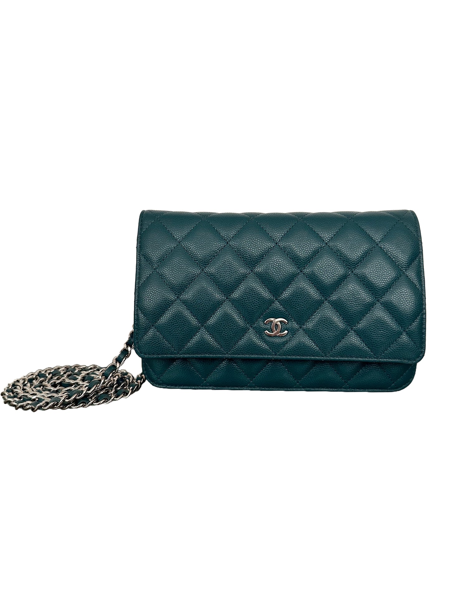 Chanel Quilted Classic Flap Wallet On Chain WOC Caviar Dark Turquoise Teal Green Blue