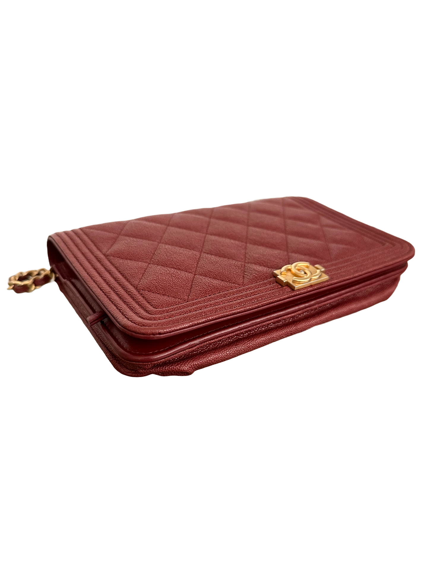 CHANEL Quilted Boy Wallet On Chain WOC Caviar Burgundy Red Gold Hardware