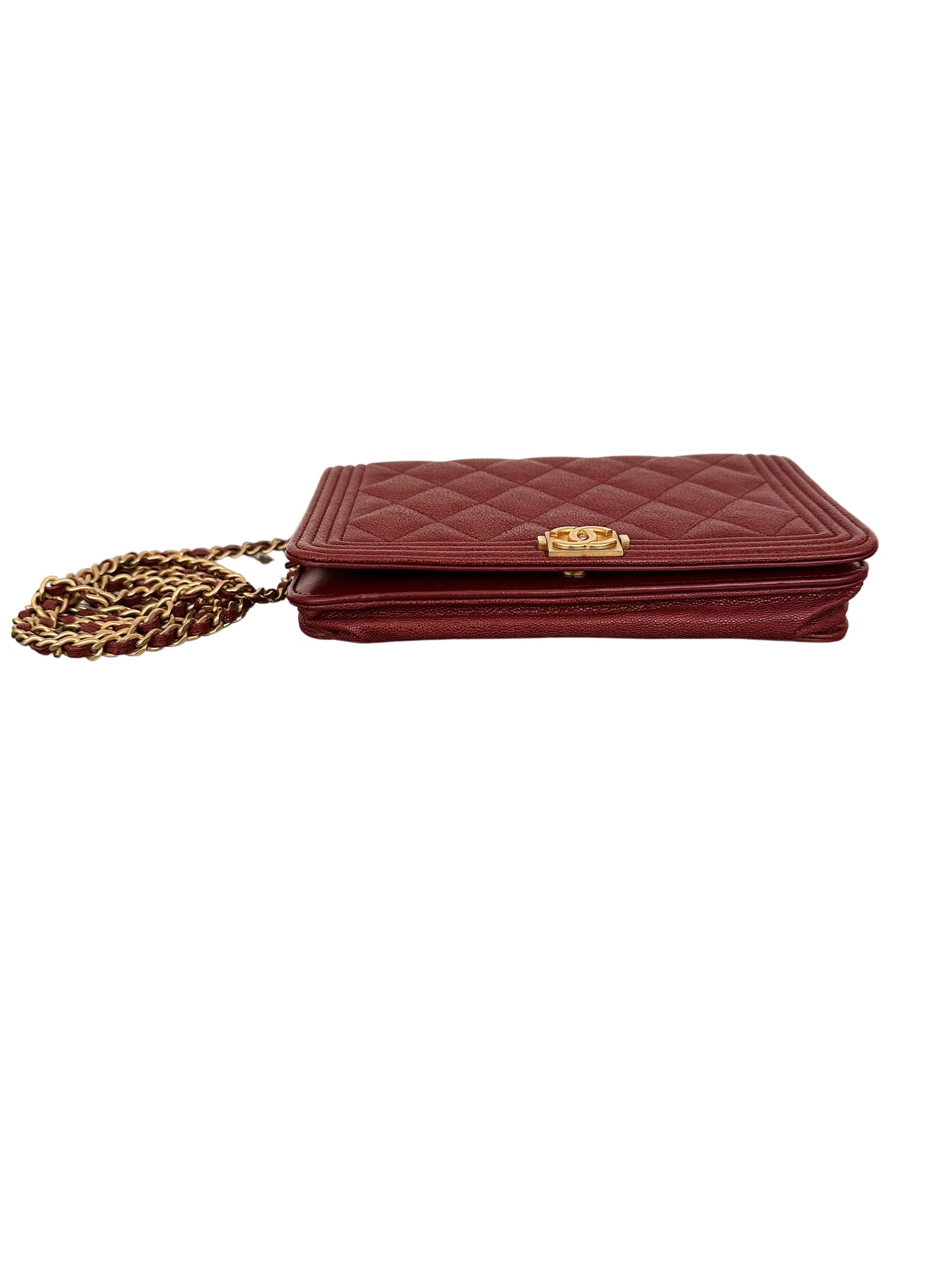 CHANEL Quilted Boy Wallet On Chain WOC Caviar Burgundy Red Gold Hardware