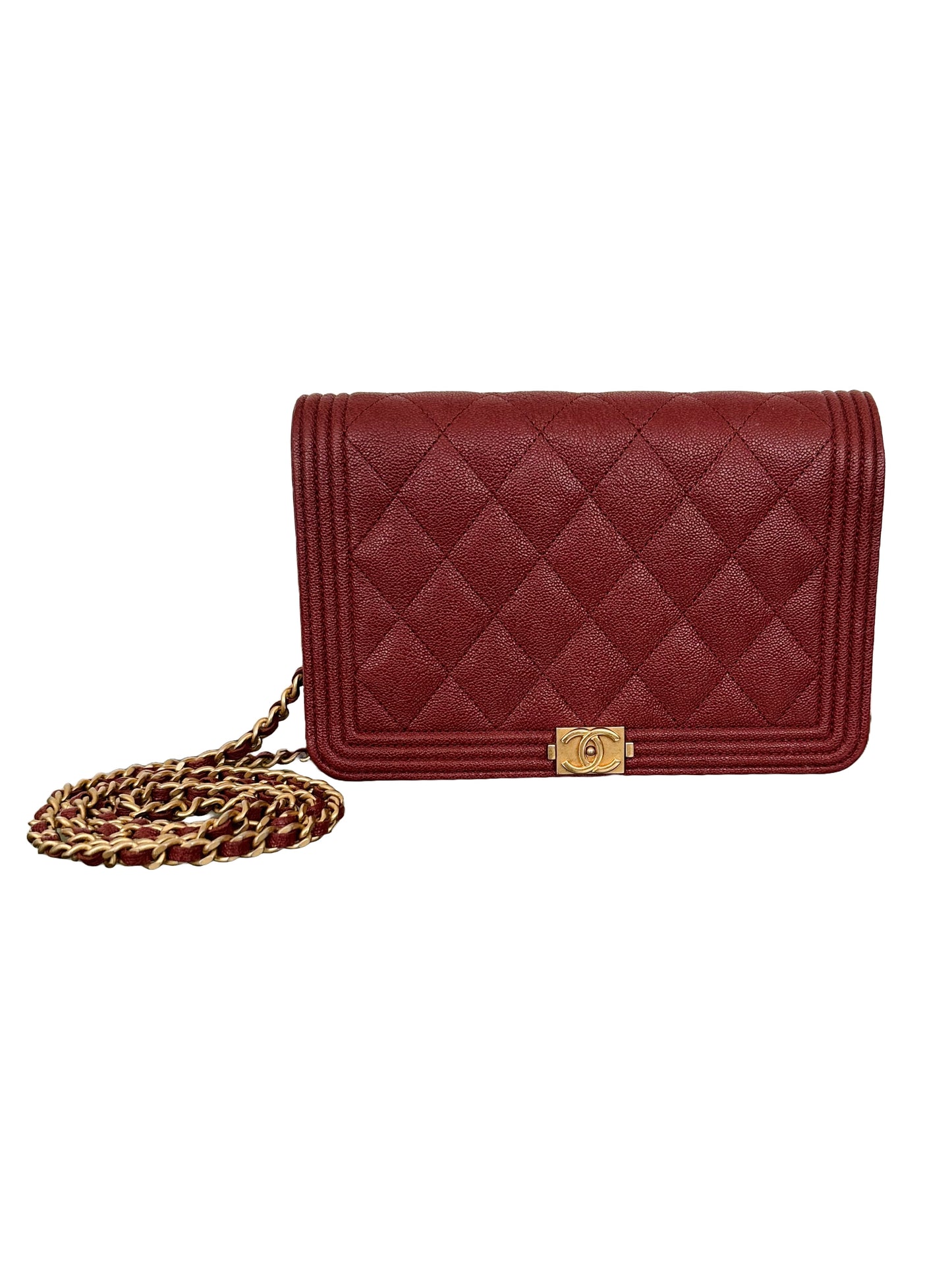 CHANEL Quilted Boy Wallet On Chain WOC Caviar Burgundy Red Gold Hardware