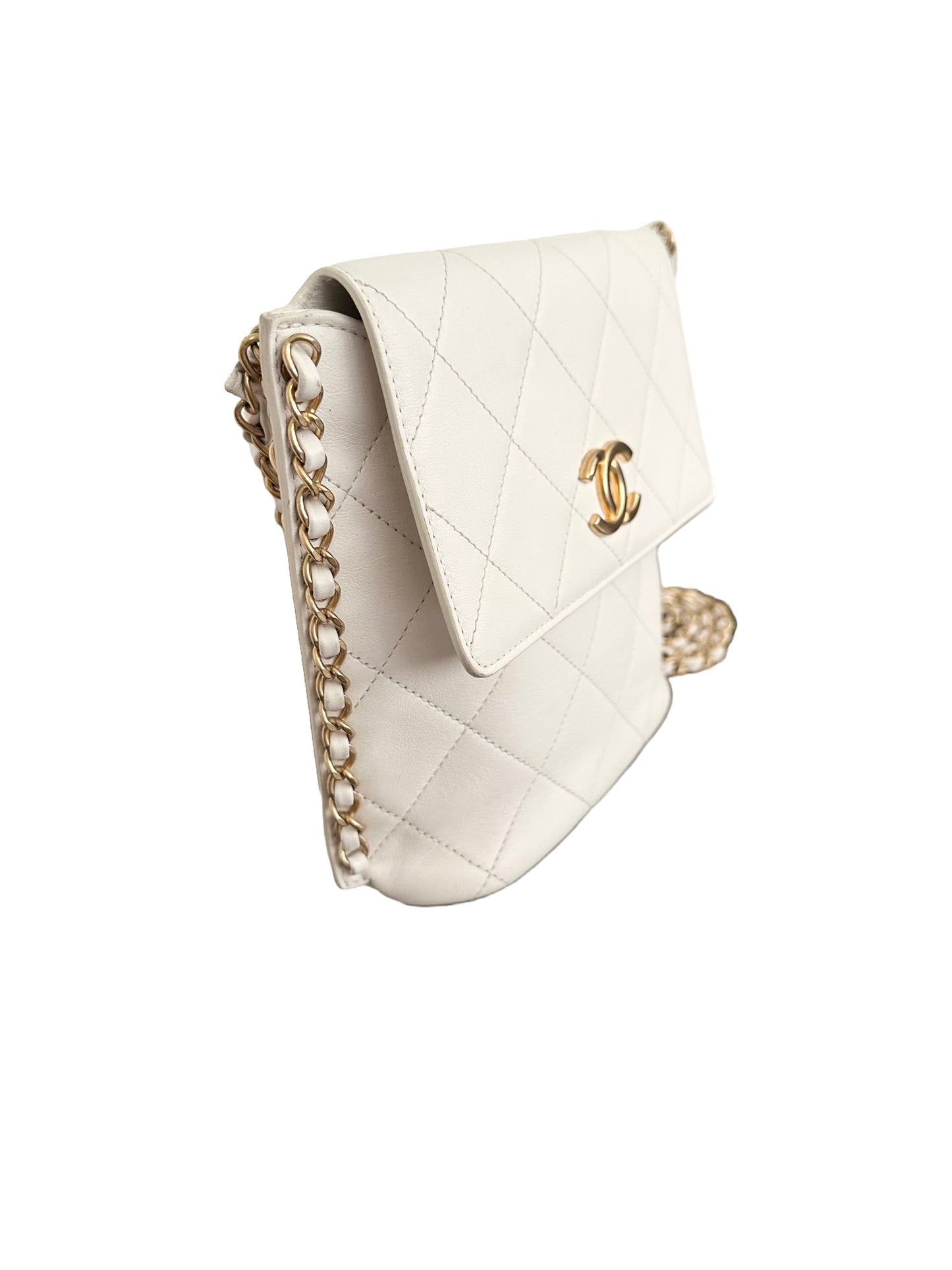 Chanel Quilted Calfskin Chain Flap Hobo Small Ivory White Gold