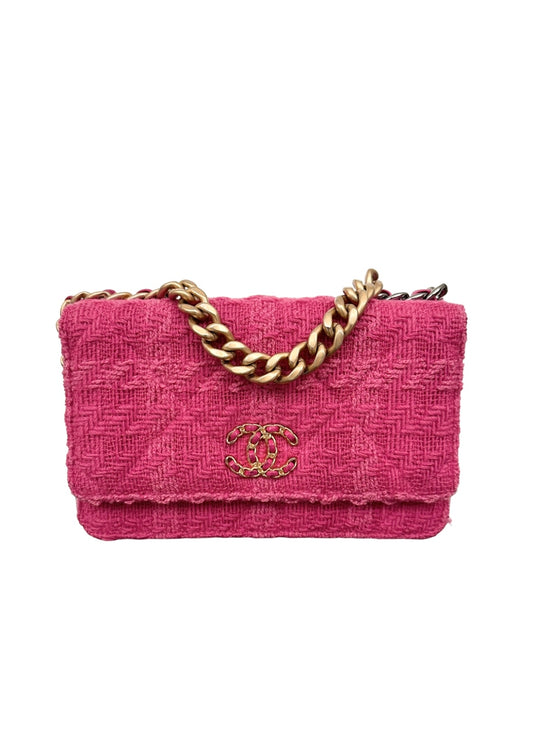 Chanel 19 Wallet On Chain Tweed Pink Gold Silver