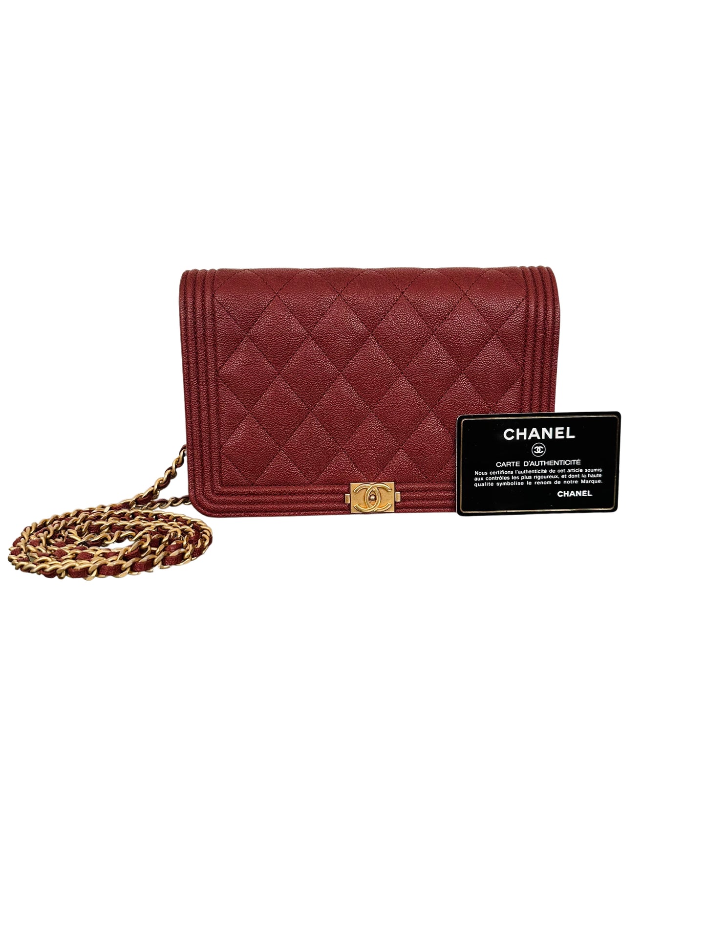 CHANEL Quilted Boy Wallet On Chain WOC Caviar Burgundy Red Gold Hardware