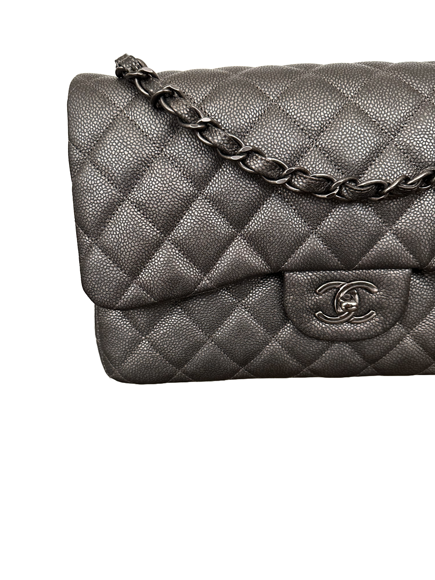 Chanel Metallic Quilted Jumbo Classic Double Flap Iridescent Caviar Silver