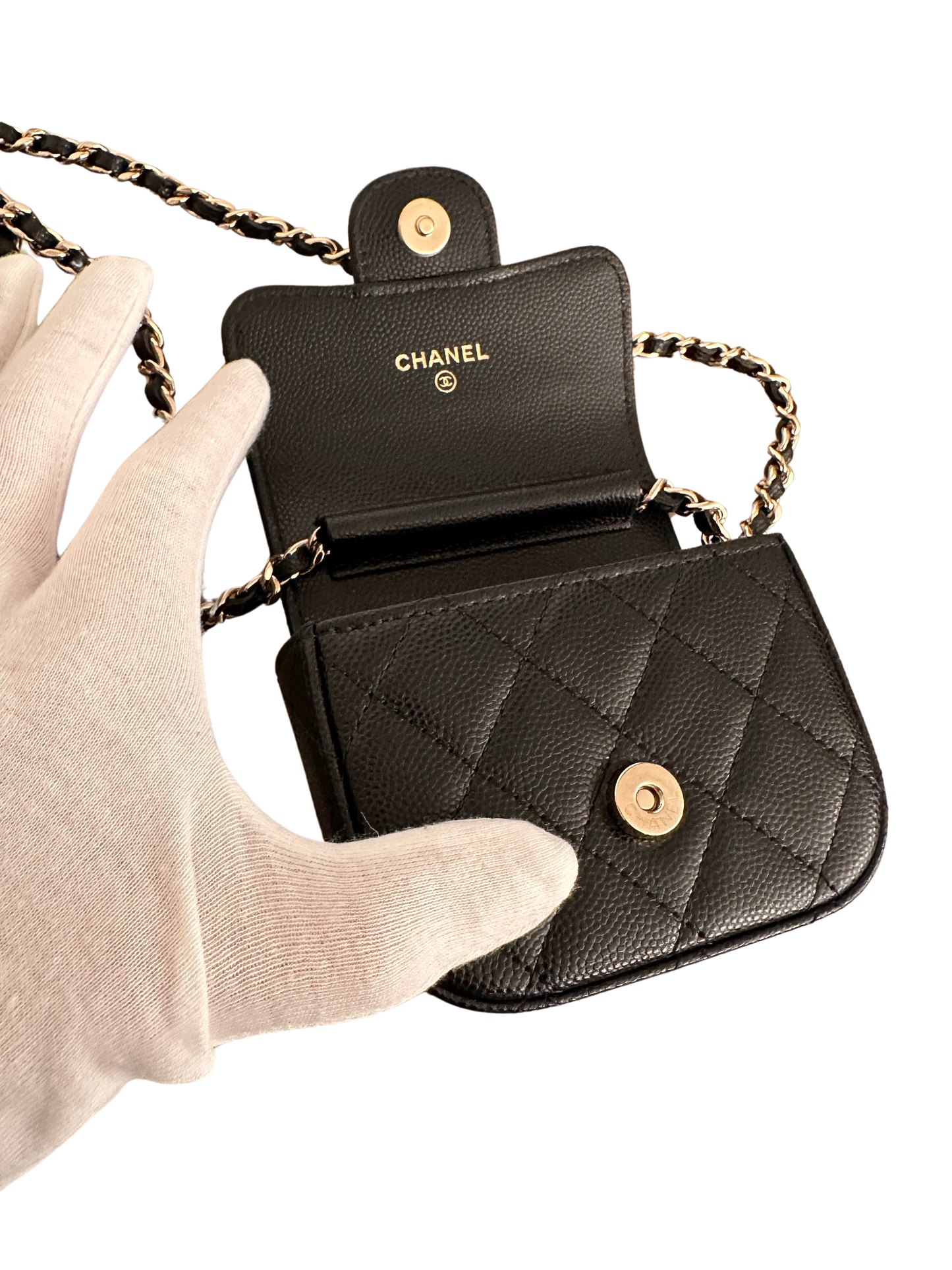 Chanel Square Classic Flap Clutch With Chain Quilted Caviar Mini Black GHW