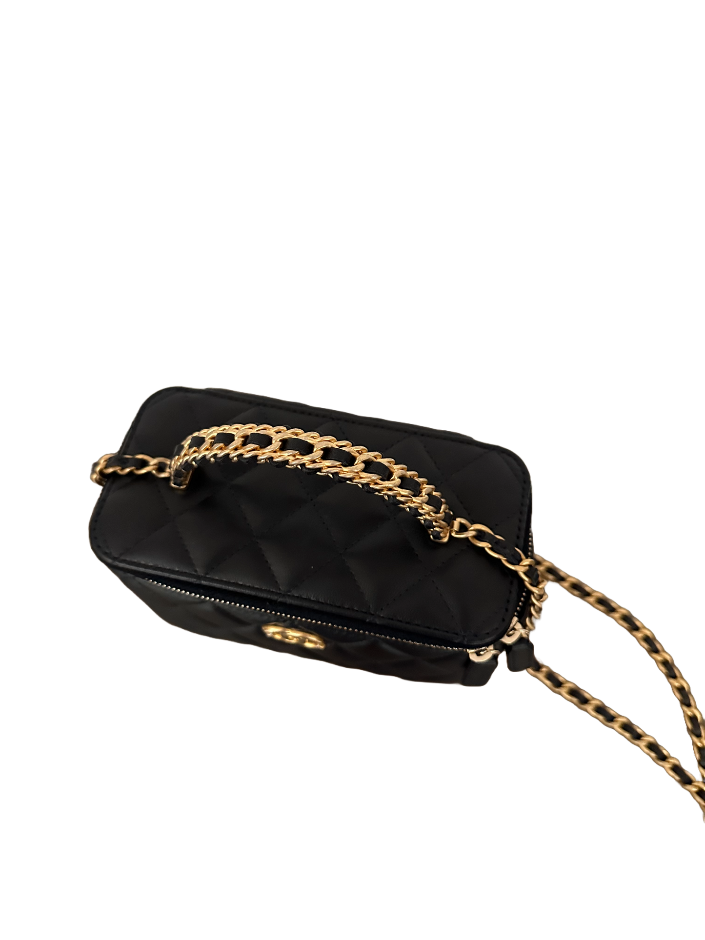 Chanel Top Handle Vanity Case Woven Chain Quilted Lambskin Black Gold Small 22K