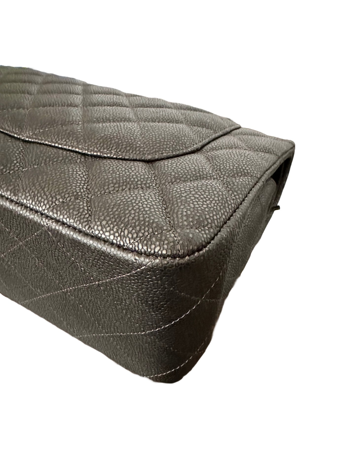 Chanel Metallic Quilted Jumbo Classic Double Flap Iridescent Caviar Silver