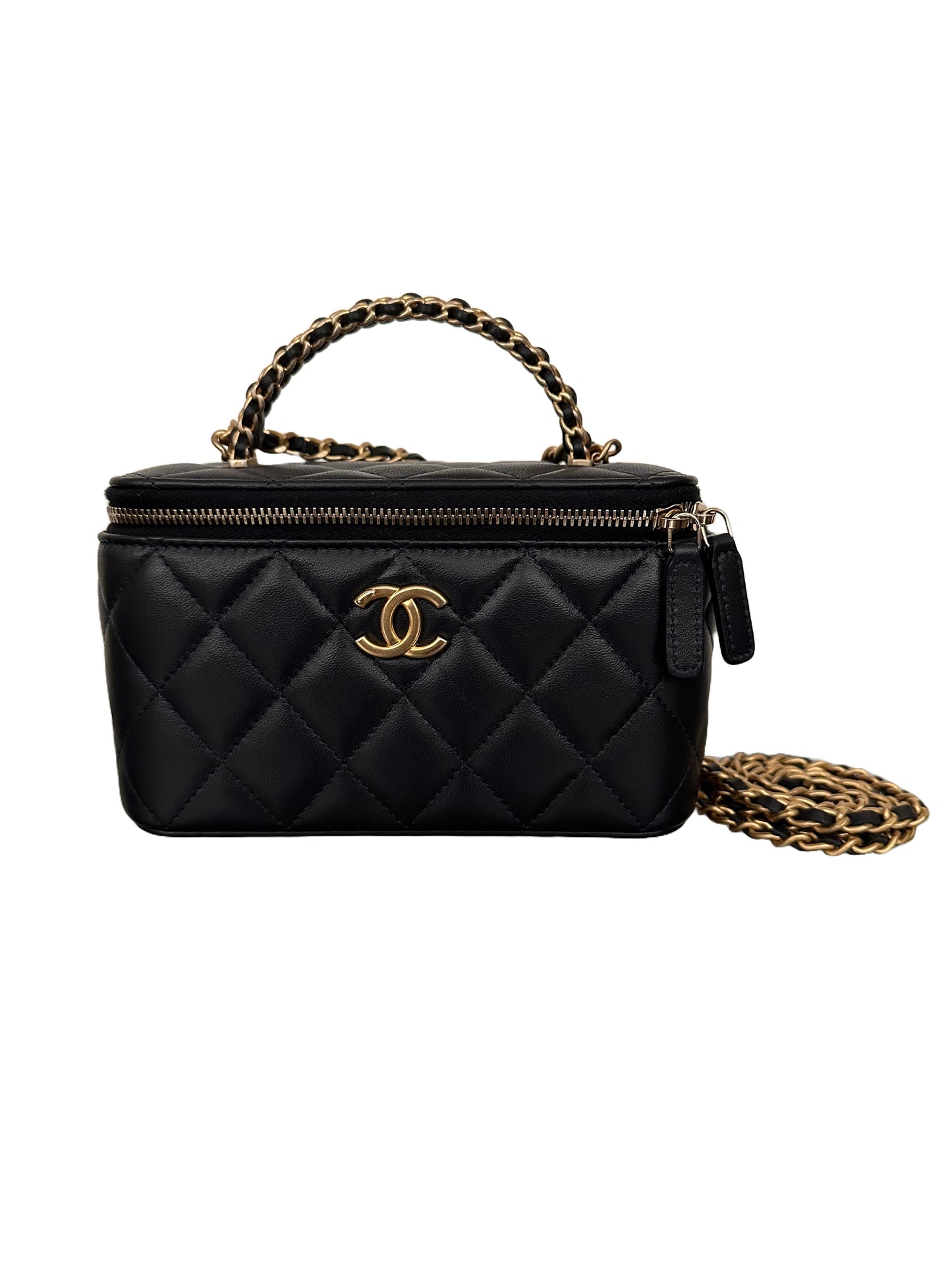 Chanel Top Handle Vanity Case Woven Chain Quilted Lambskin Black Gold Small 22K