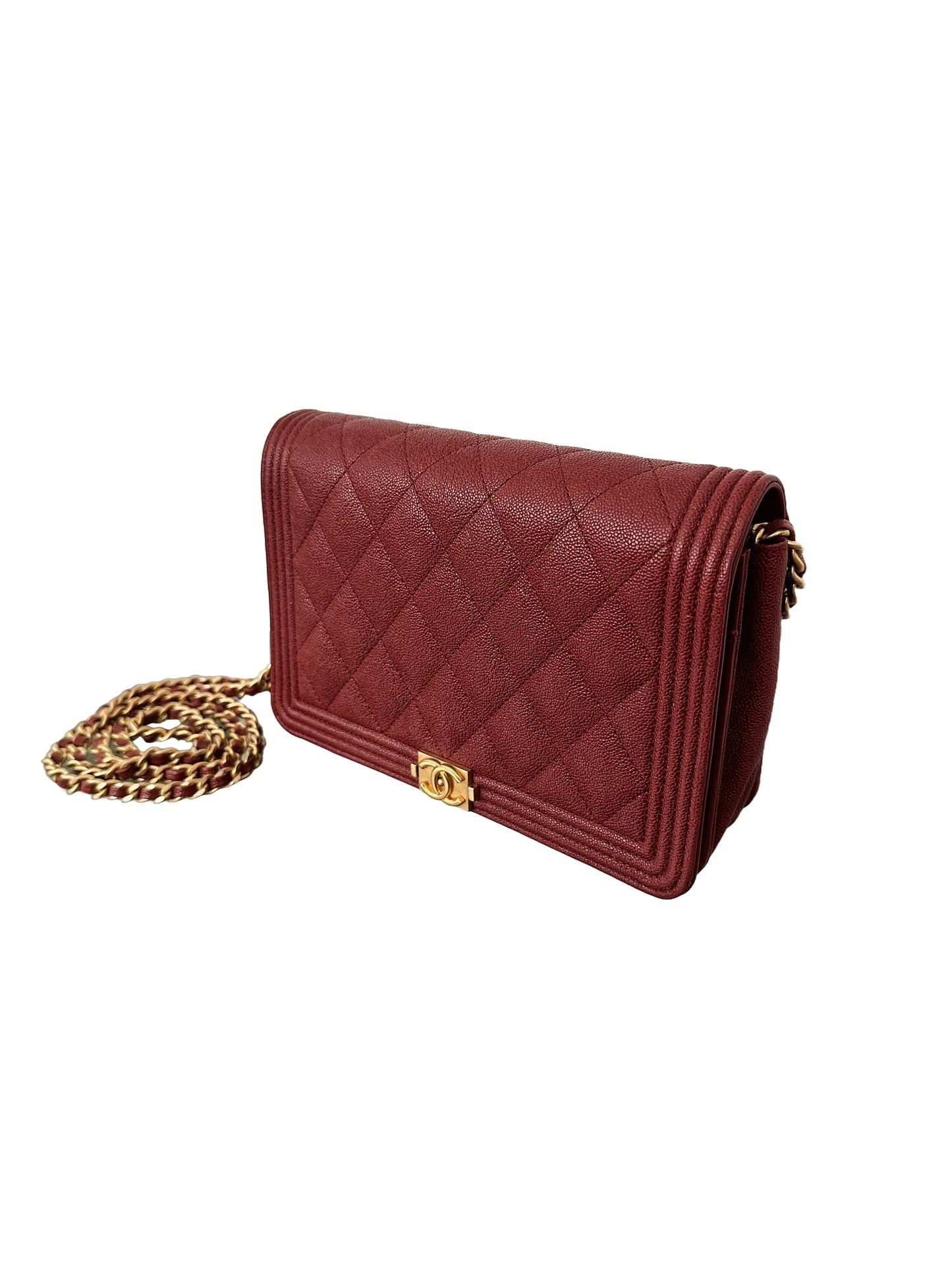 CHANEL Quilted Boy Wallet On Chain WOC Caviar Burgundy Red Gold Hardware