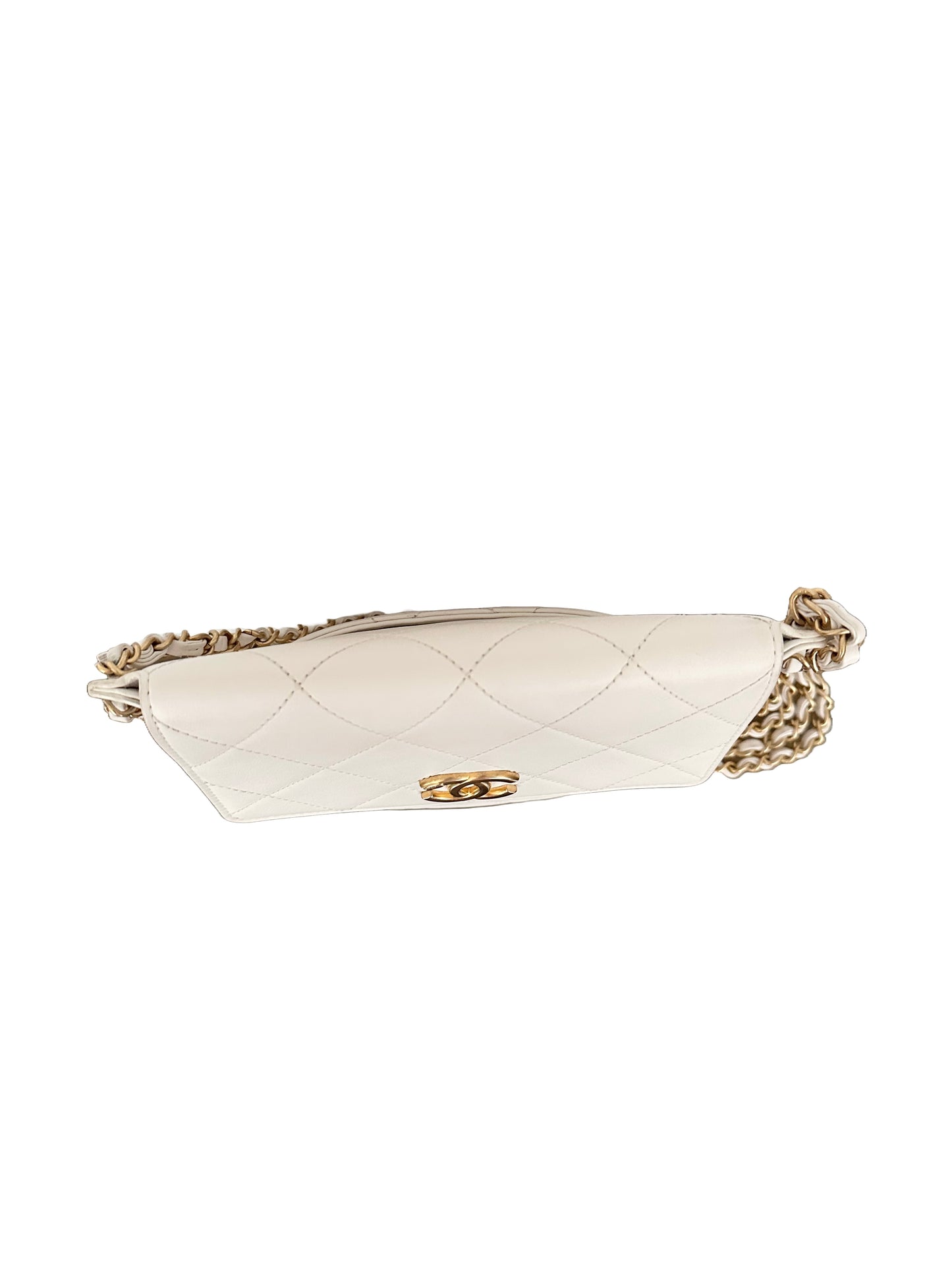 Chanel Quilted Calfskin Chain Flap Hobo Small Ivory White Gold