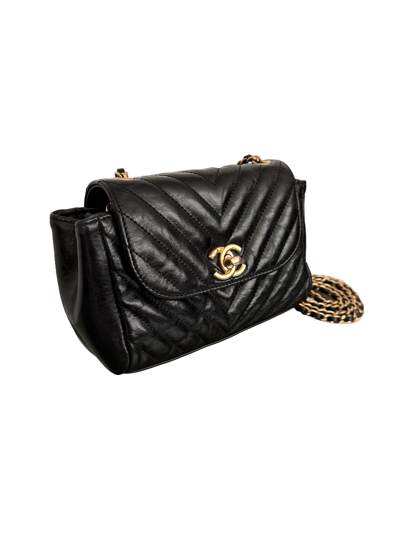 Chanel Quilted Calfskin Chevron Classic Small Hampton Flap Black Gold