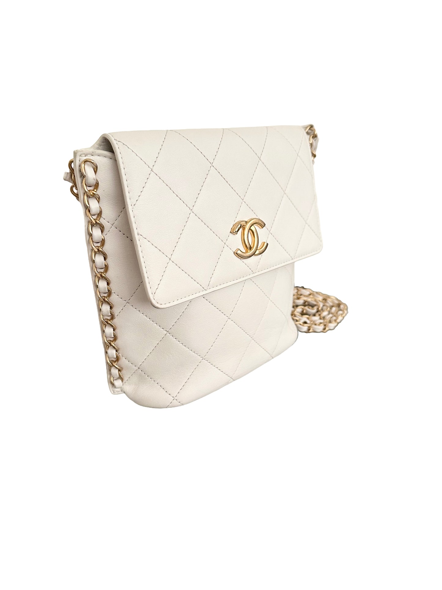 Chanel Quilted Calfskin Chain Flap Hobo Small Ivory White Gold