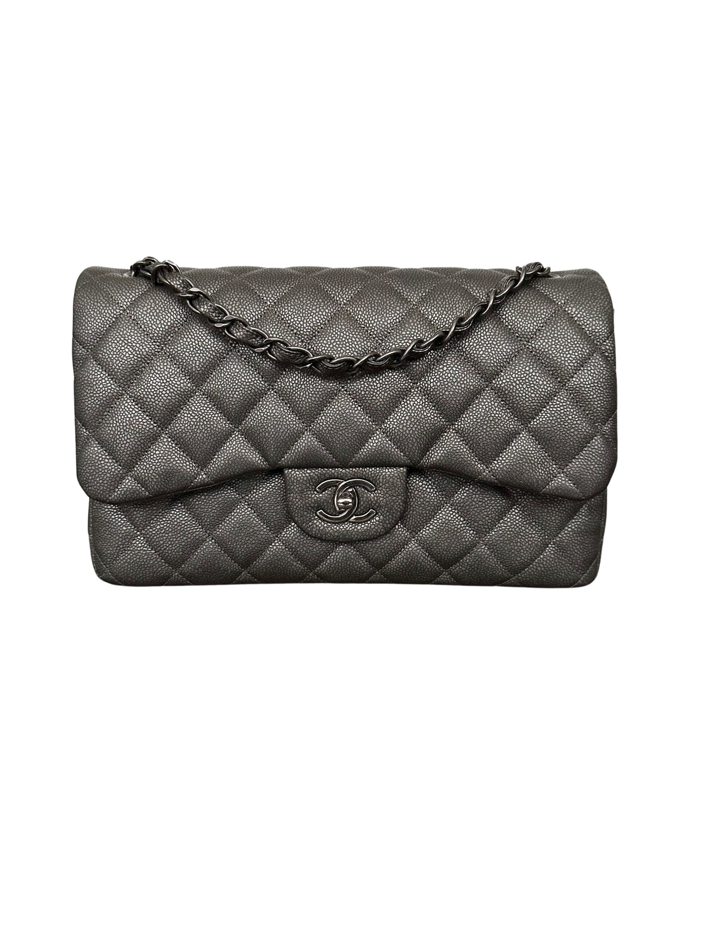 Chanel Metallic Quilted Jumbo Classic Double Flap Iridescent Caviar Silver