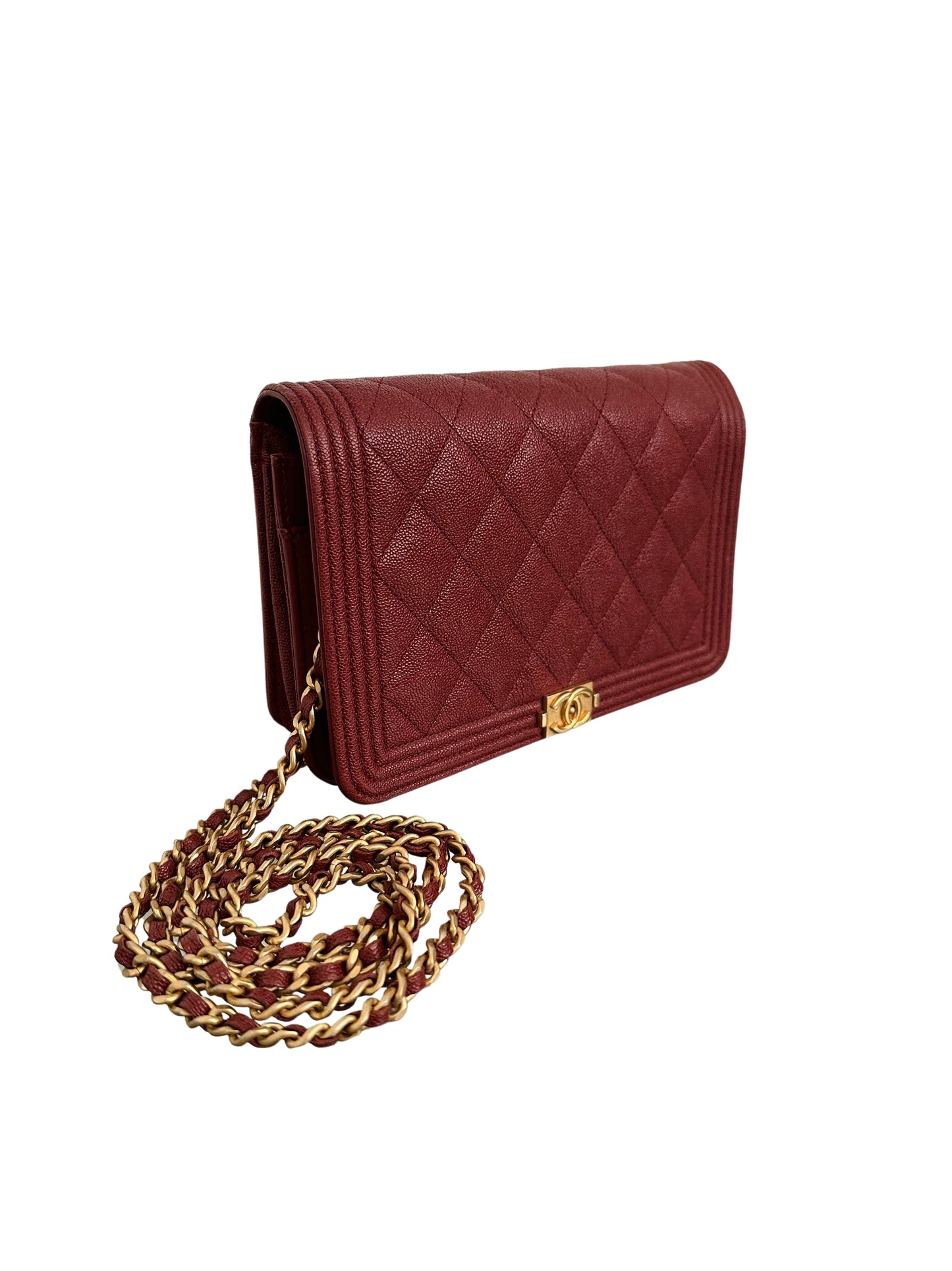 CHANEL Quilted Boy Wallet On Chain WOC Caviar Burgundy Red Gold Hardware