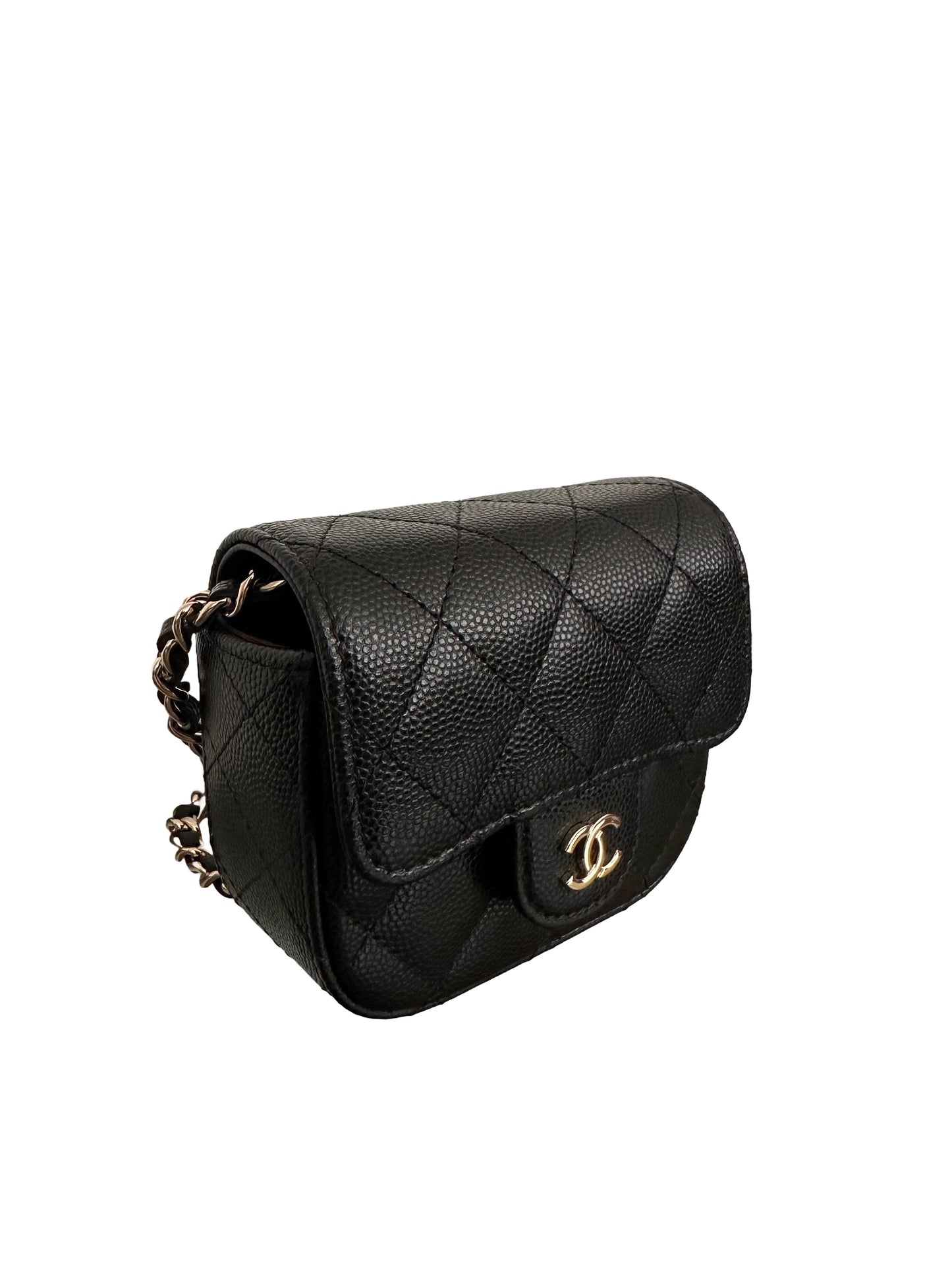 Chanel Square Classic Flap Clutch With Chain Quilted Caviar Mini Black GHW