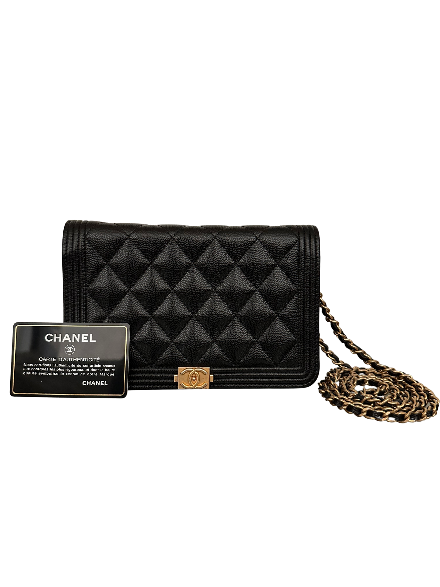 Chanel Quilted Boy Wallet On Chain WOC Caviar Black Gold Hardware