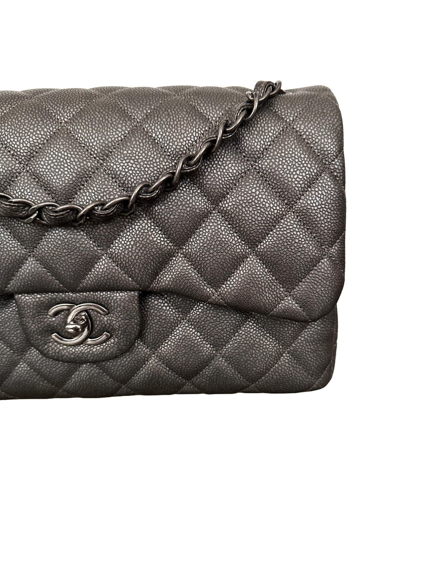 Chanel Metallic Quilted Jumbo Classic Double Flap Iridescent Caviar Silver