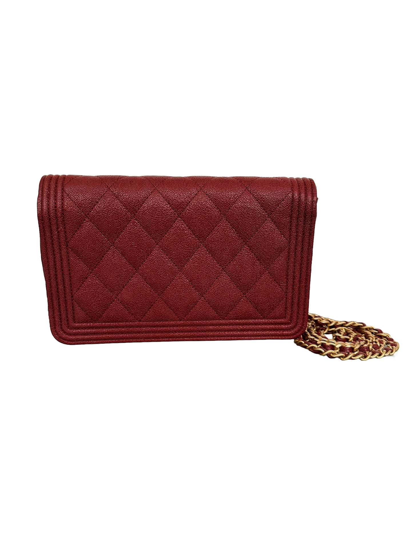 CHANEL Quilted Boy Wallet On Chain WOC Caviar Burgundy Red Gold Hardware