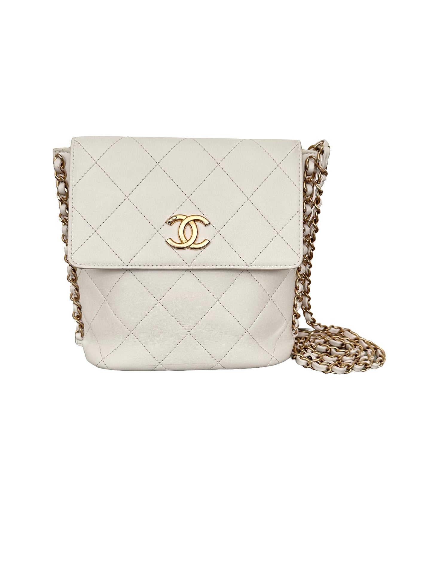 Chanel Quilted Calfskin Chain Flap Hobo Small Ivory White Gold