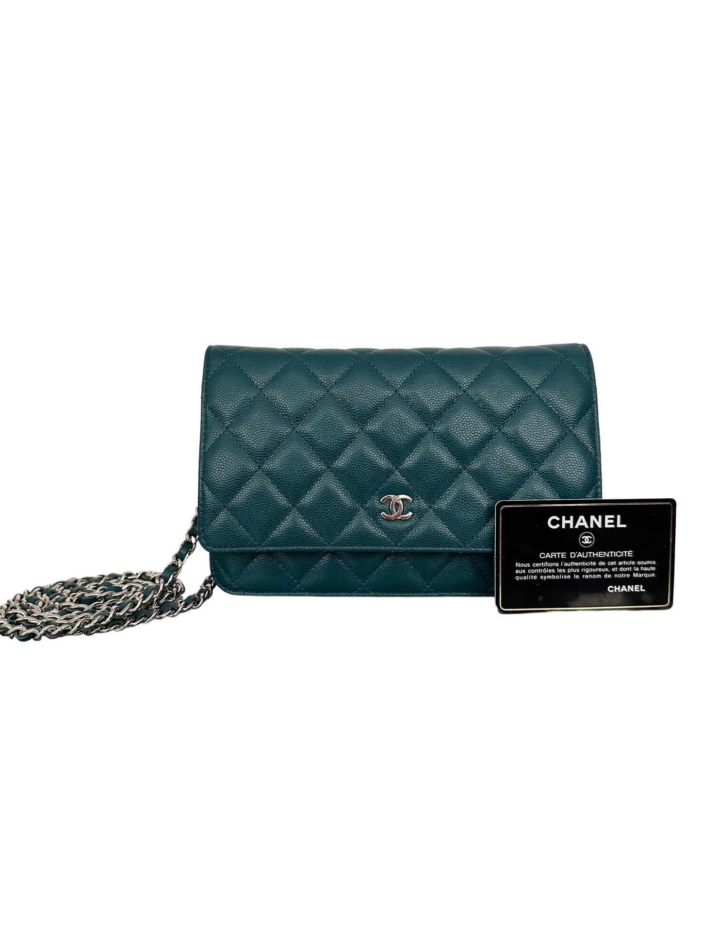 Chanel Quilted Classic Flap Wallet On Chain WOC Caviar Dark Turquoise Teal Green Blue