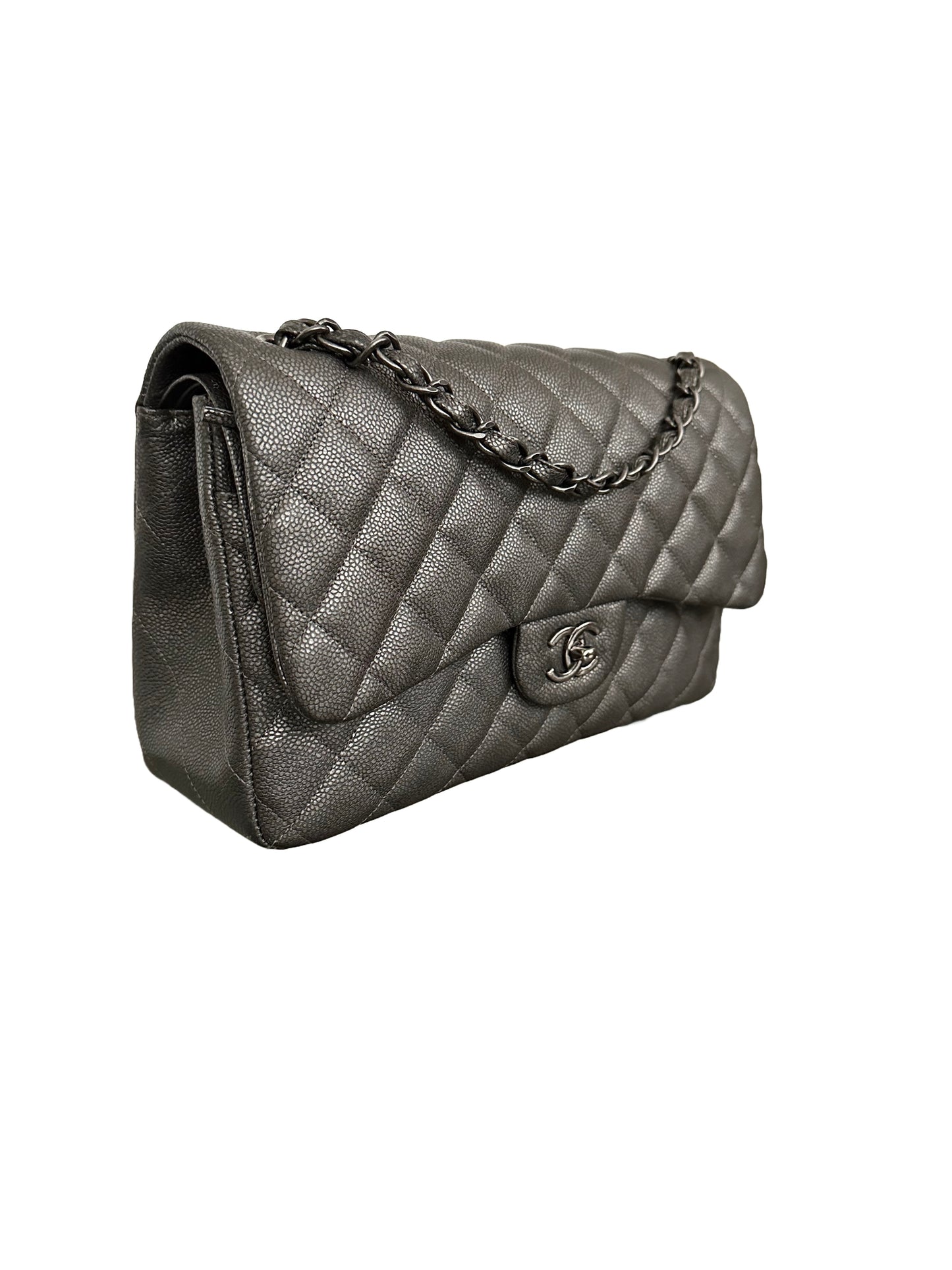 Chanel Metallic Quilted Jumbo Classic Double Flap Iridescent Caviar Silver