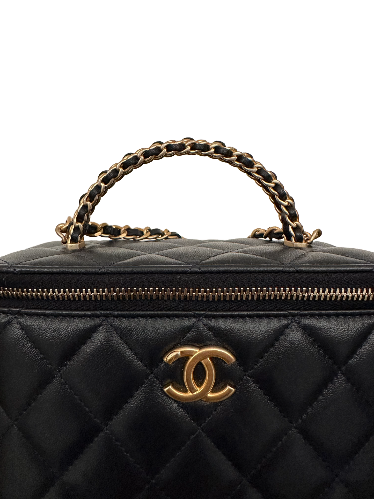 Chanel Top Handle Vanity Case Woven Chain Quilted Lambskin Black Gold Small 22K