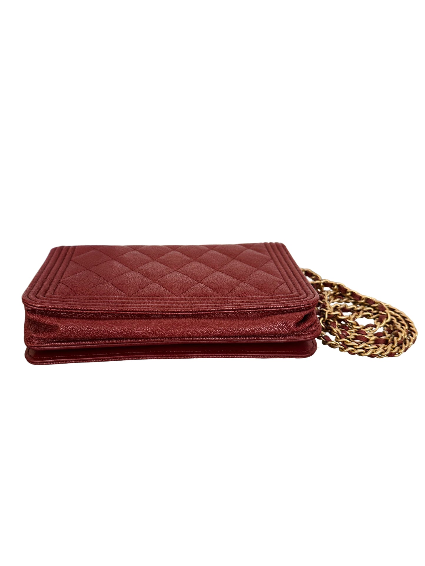 CHANEL Quilted Boy Wallet On Chain WOC Caviar Burgundy Red Gold Hardware