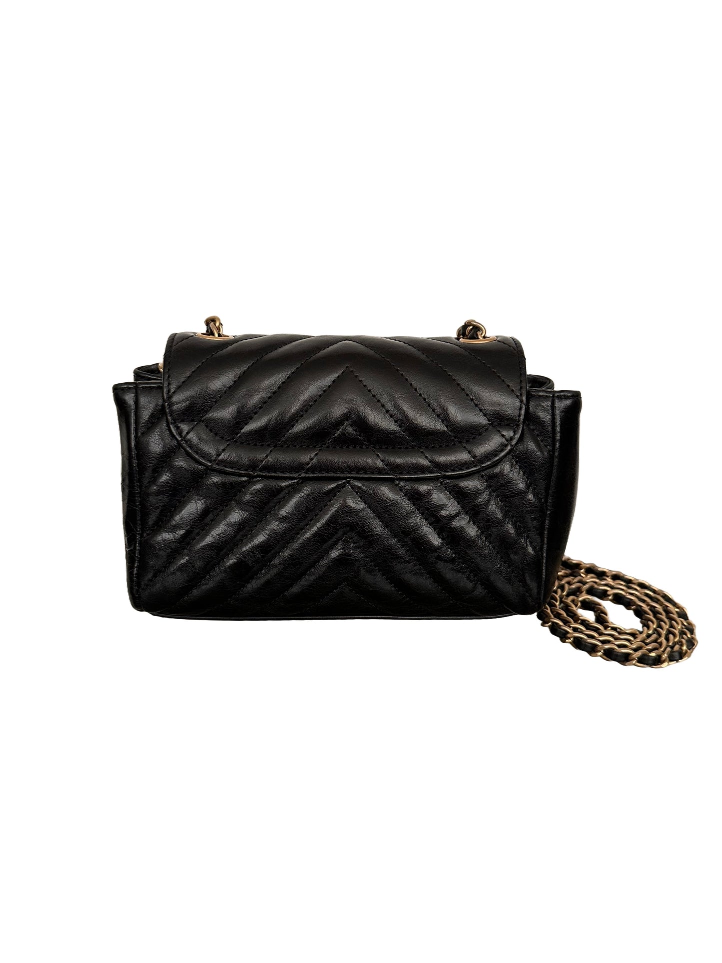 Chanel Quilted Calfskin Chevron Classic Small Hampton Flap Black Gold