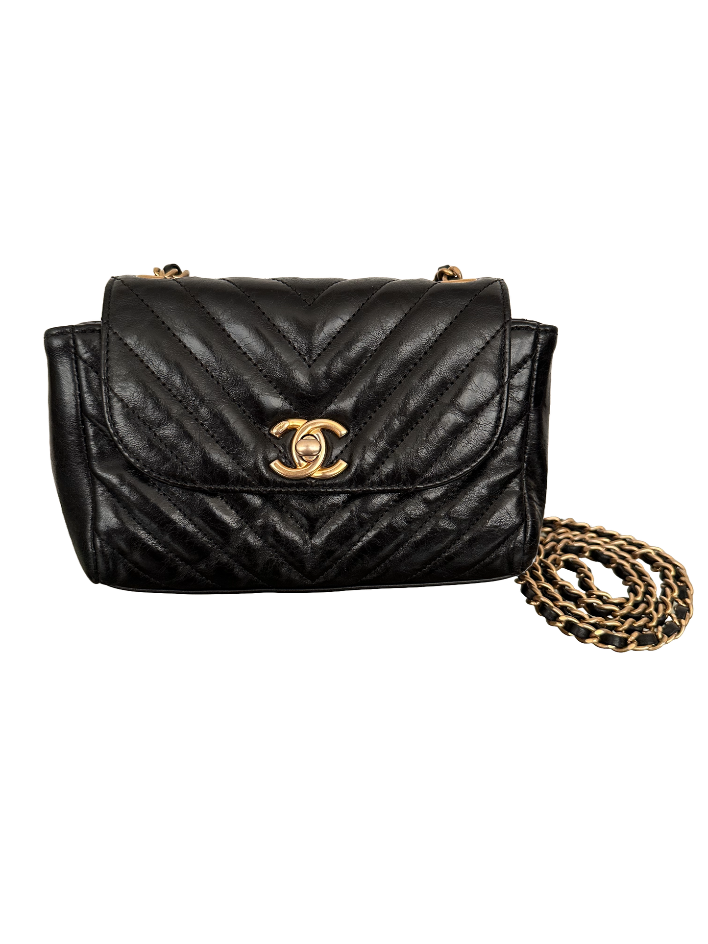 Chanel Quilted Calfskin Chevron Classic Small Hampton Flap Black Gold