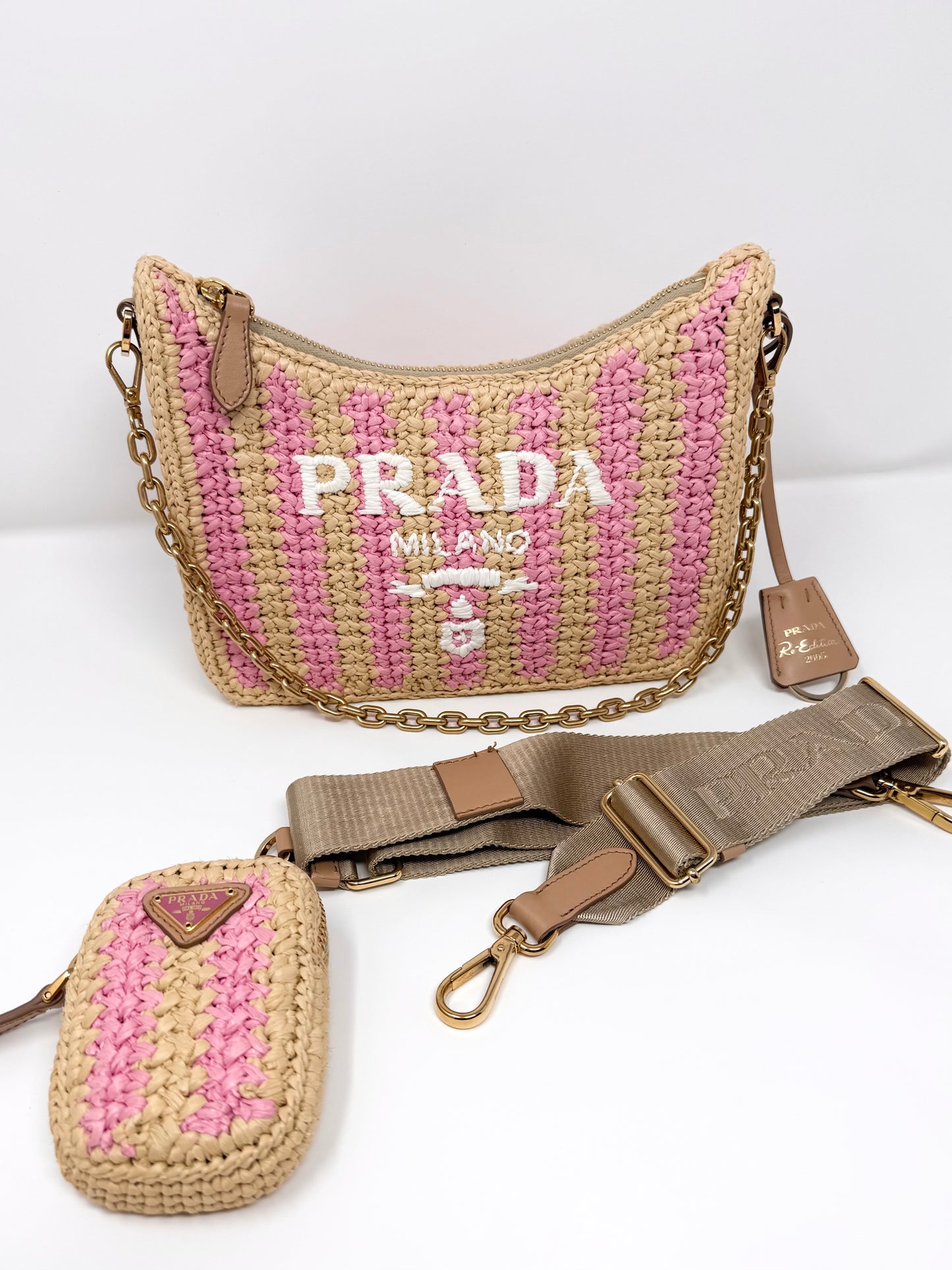 Prada Re-Edition 2005 Raffia Crochet Pink Striped Naturale Petalo