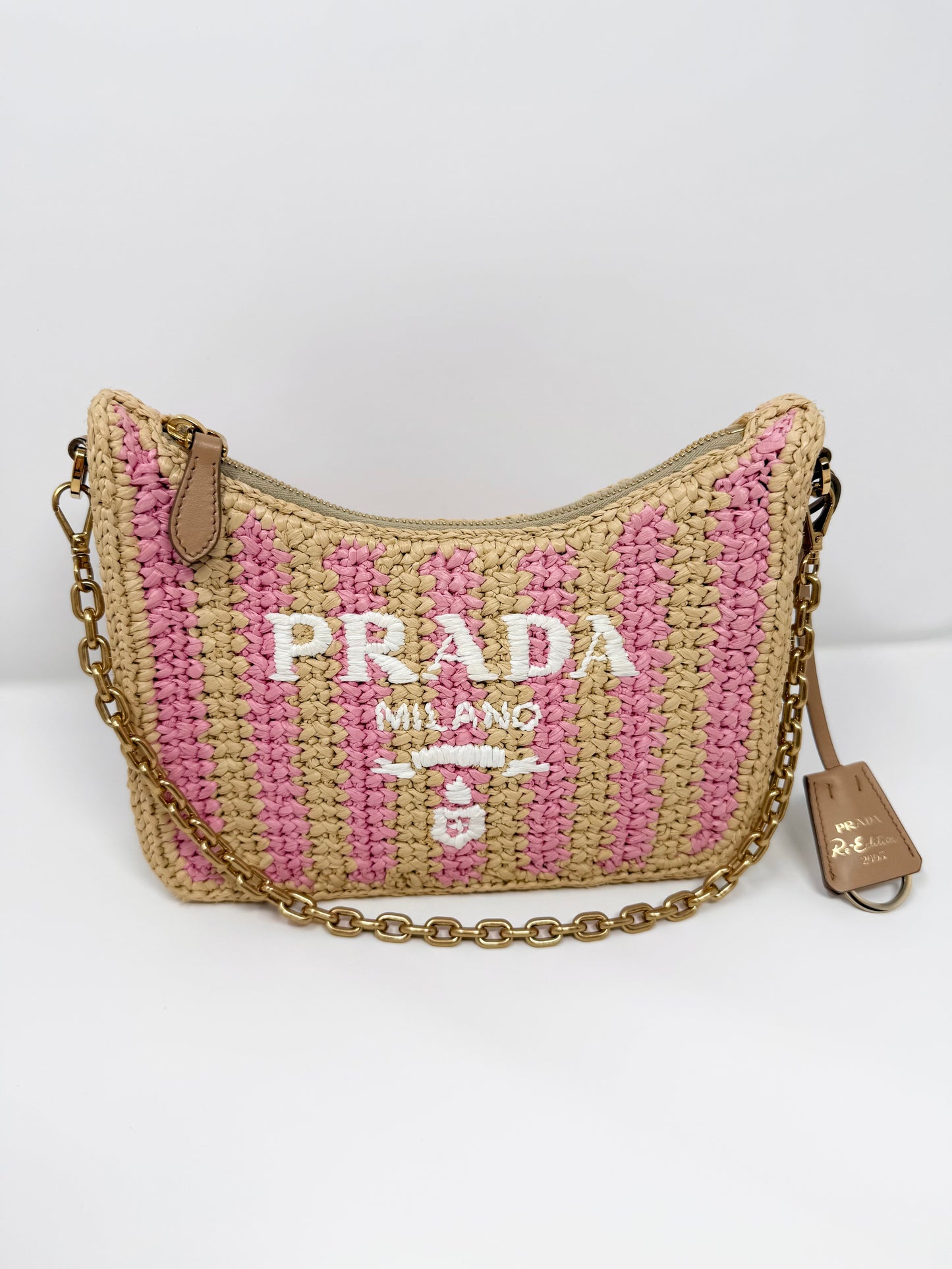 Prada Re-Edition 2005 Raffia Crochet Pink Striped Naturale Petalo