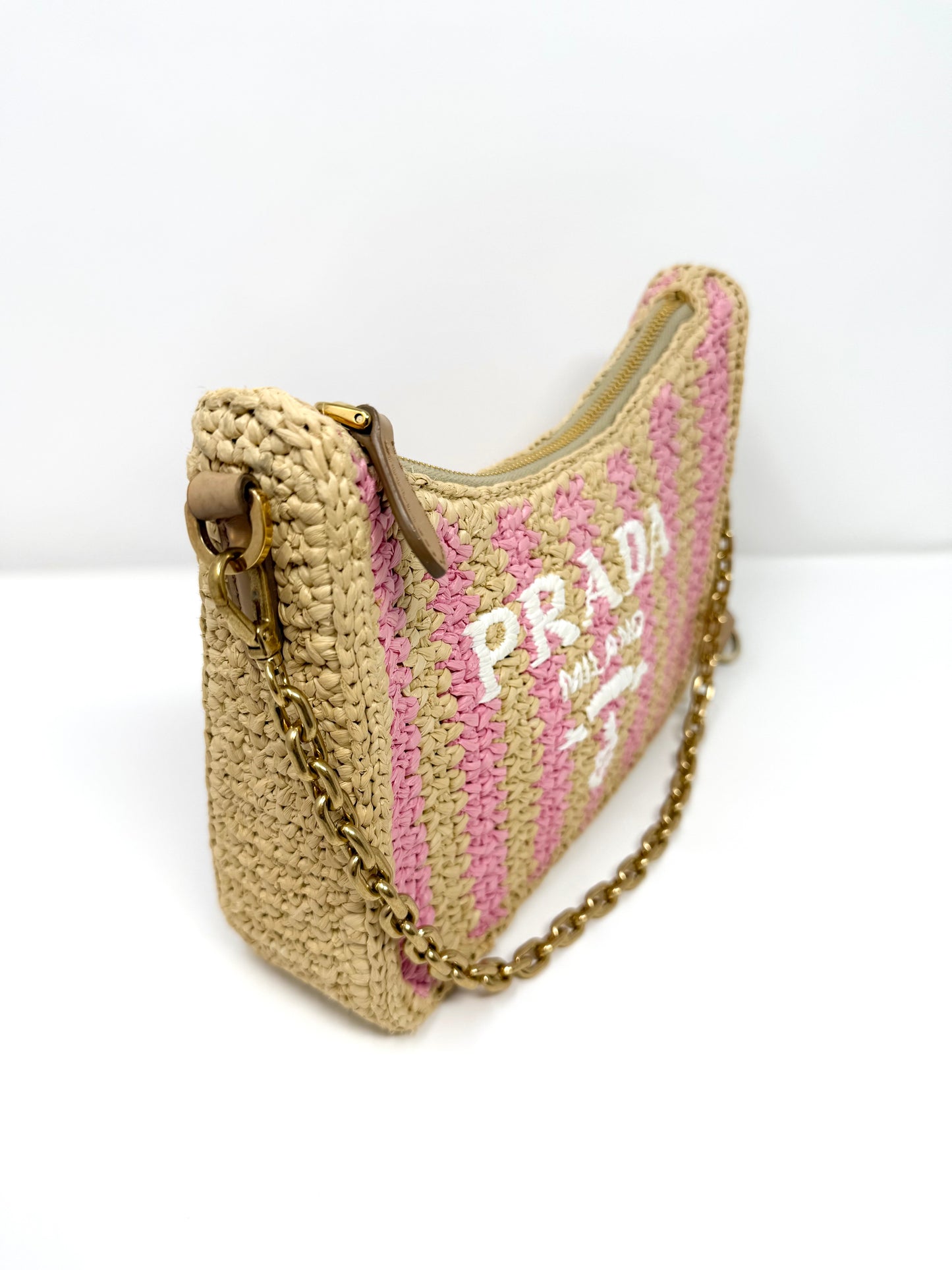 Prada Re-Edition 2005 Raffia Crochet Pink Striped Naturale Petalo
