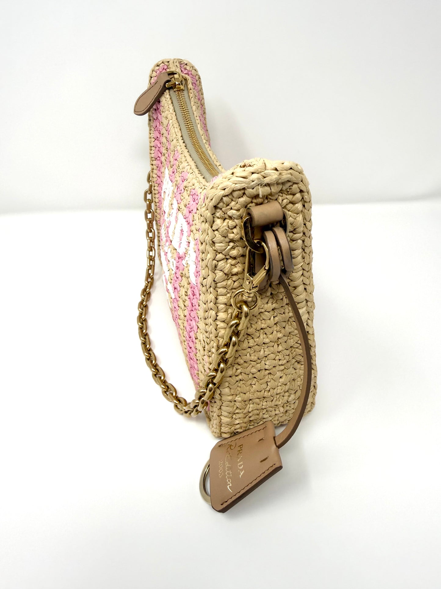 Prada Re-Edition 2005 Raffia Crochet Pink Striped Naturale Petalo