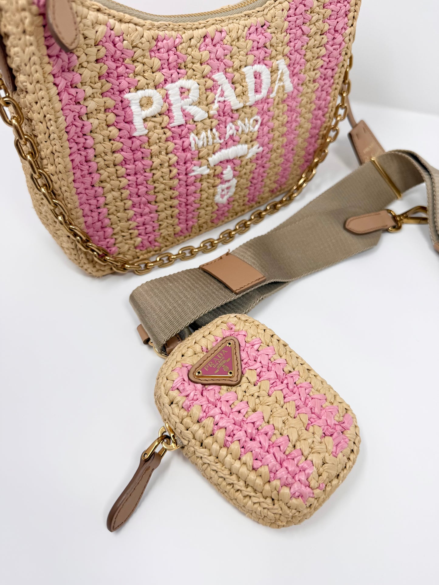 Prada Re-Edition 2005 Raffia Crochet Pink Striped Naturale Petalo