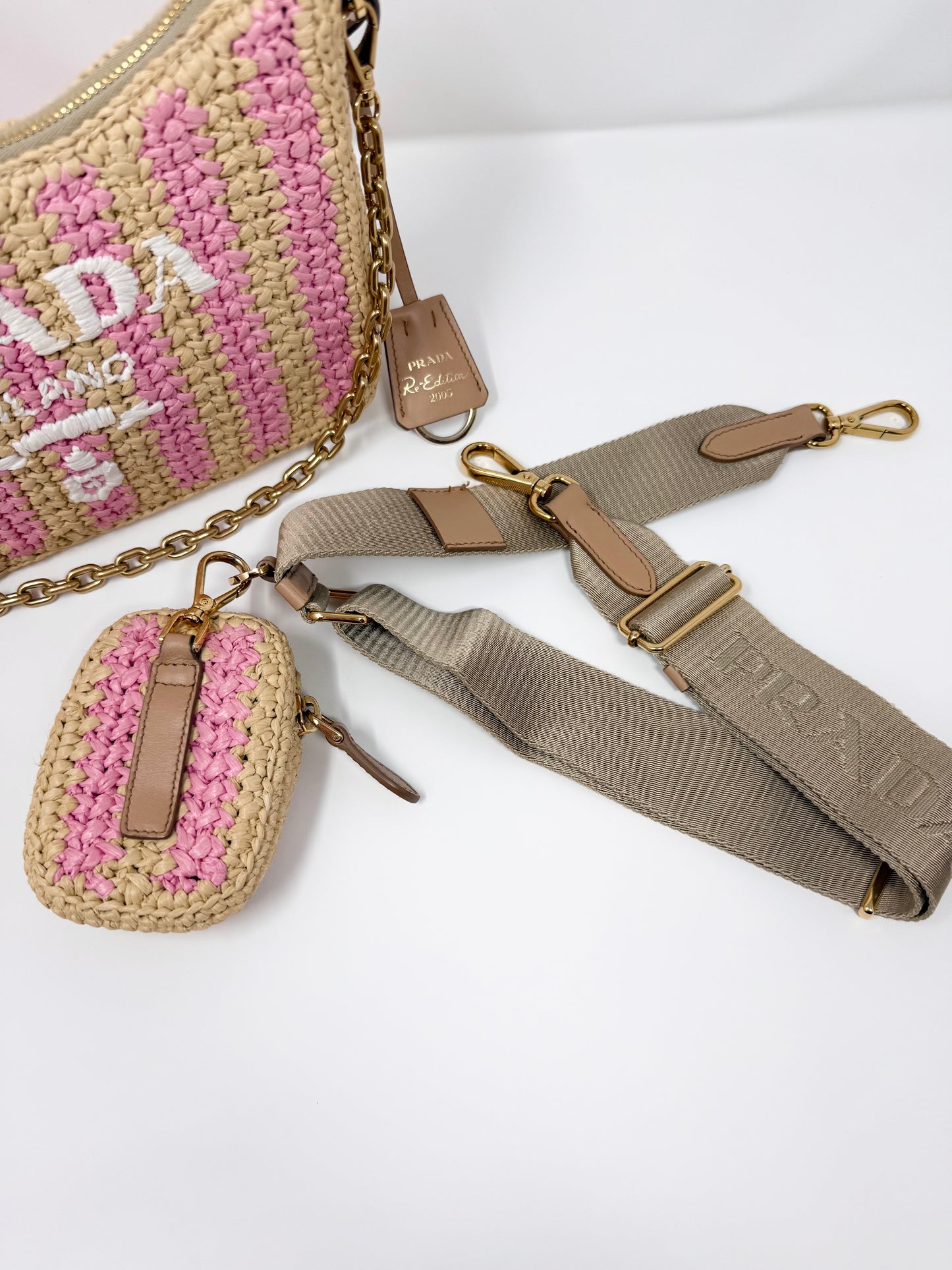 Prada Re-Edition 2005 Raffia Crochet Pink Striped Naturale Petalo