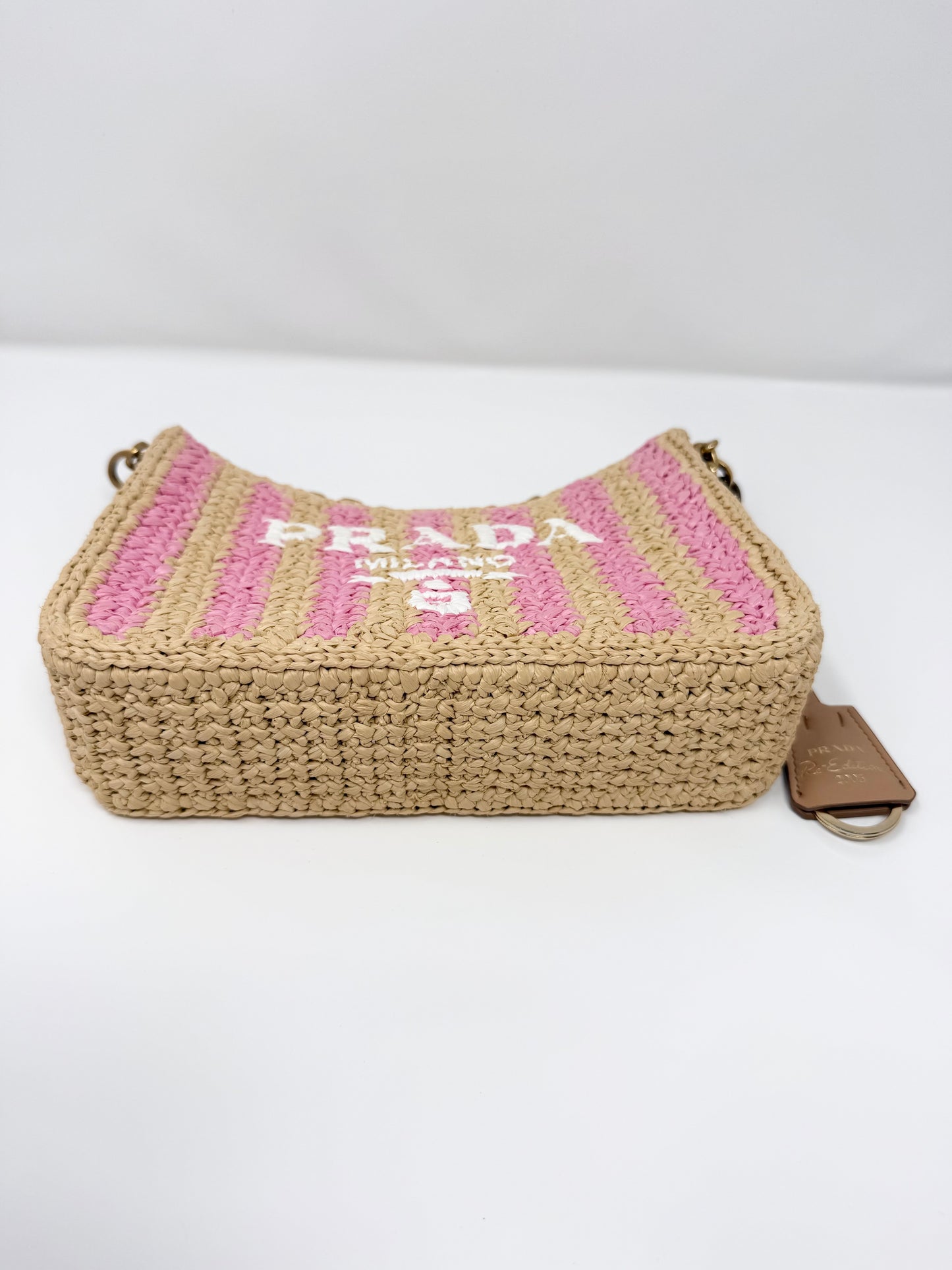 Prada Re-Edition 2005 Raffia Crochet Pink Striped Naturale Petalo