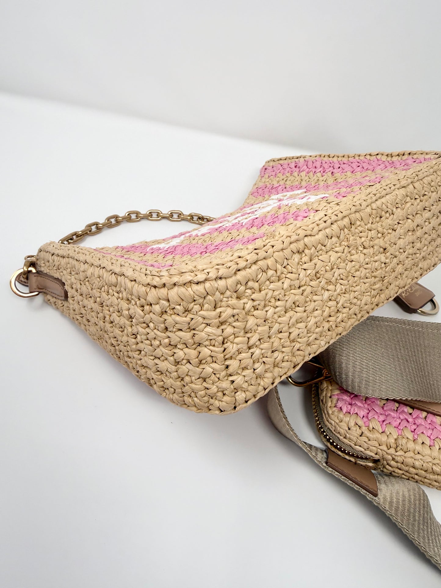 Prada Re-Edition 2005 Raffia Crochet Pink Striped Naturale Petalo