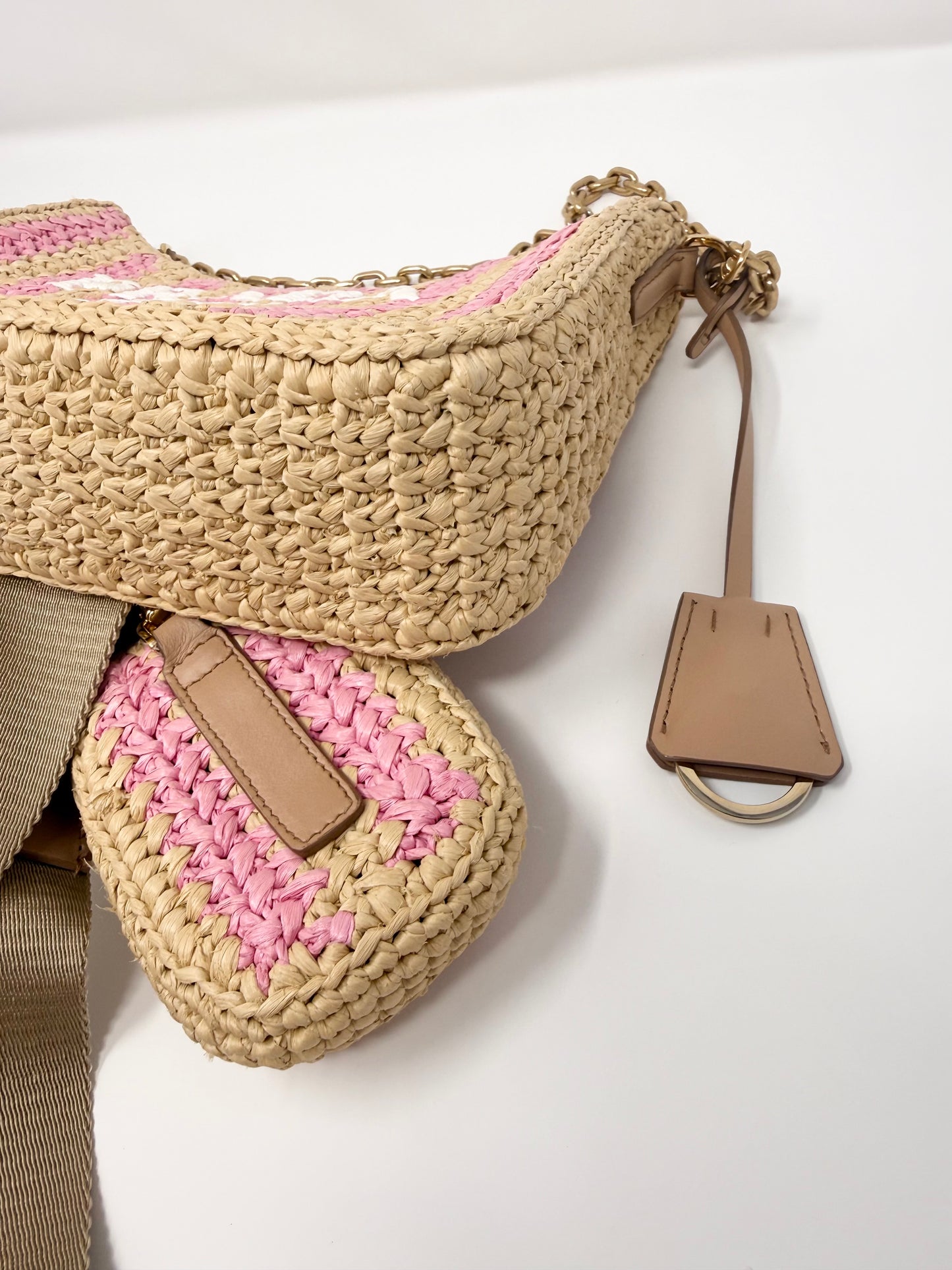 Prada Re-Edition 2005 Raffia Crochet Pink Striped Naturale Petalo