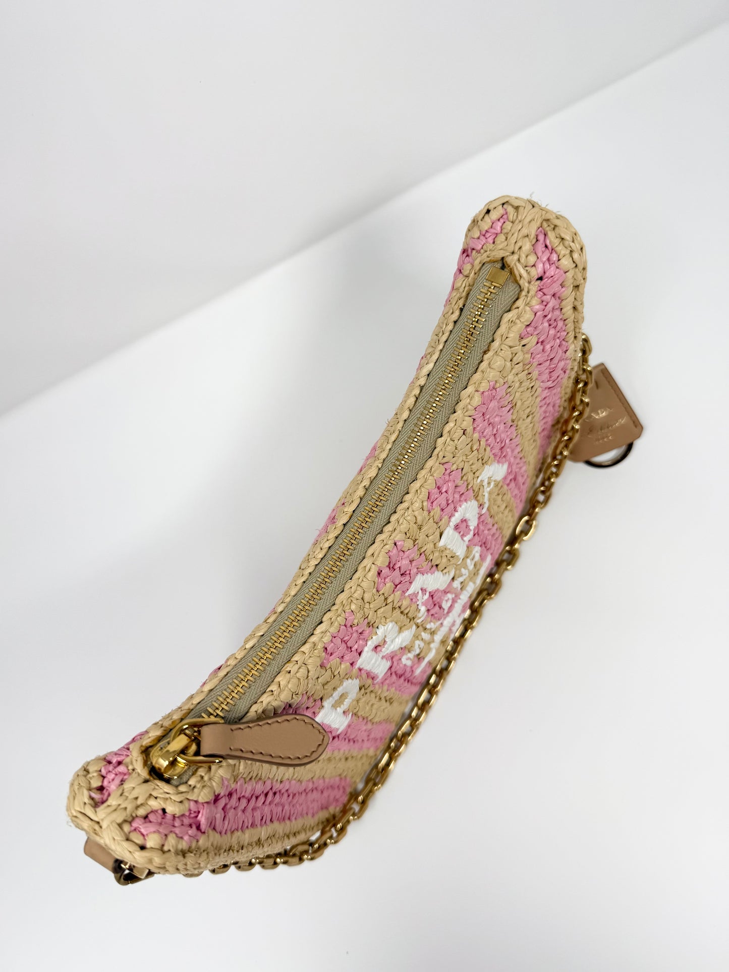 Prada Re-Edition 2005 Raffia Crochet Pink Striped Naturale Petalo