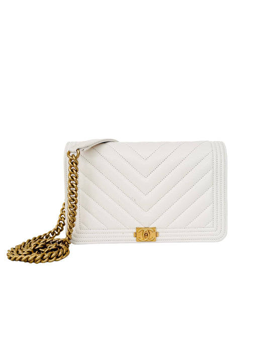 Chanel Boy Wallet On Chain White Caviar Gold Hardware