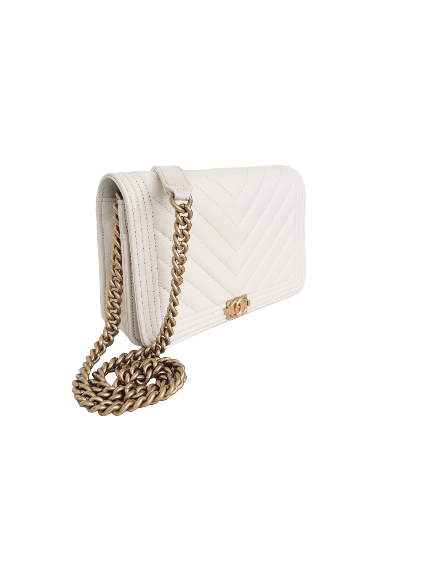 Chanel Boy Wallet On Chain White Caviar Gold Hardware