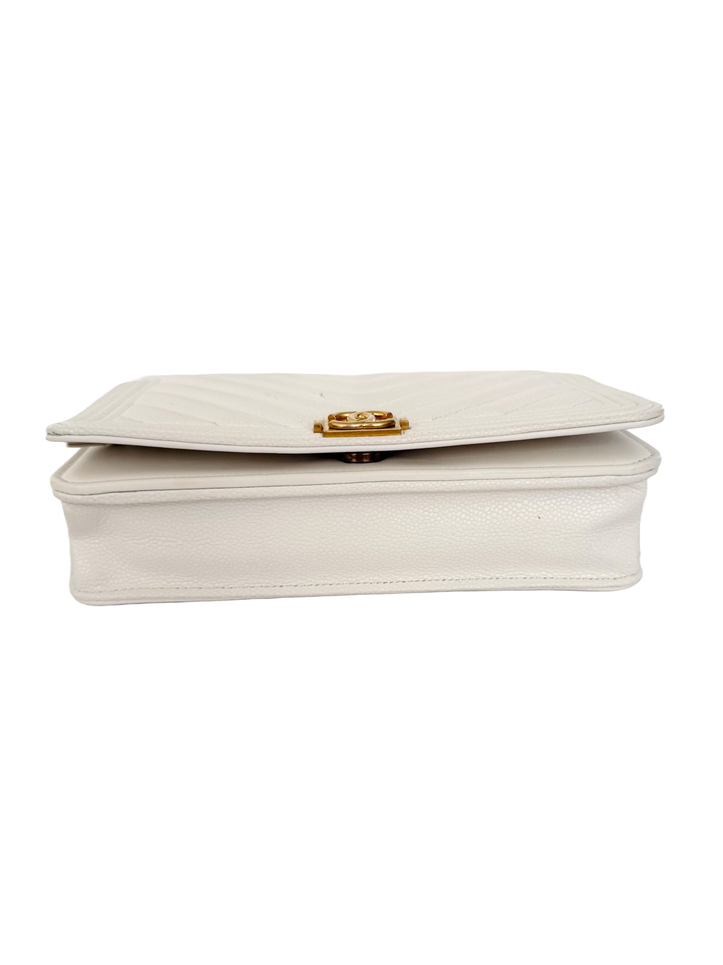 Chanel Boy Wallet On Chain White Caviar Gold Hardware