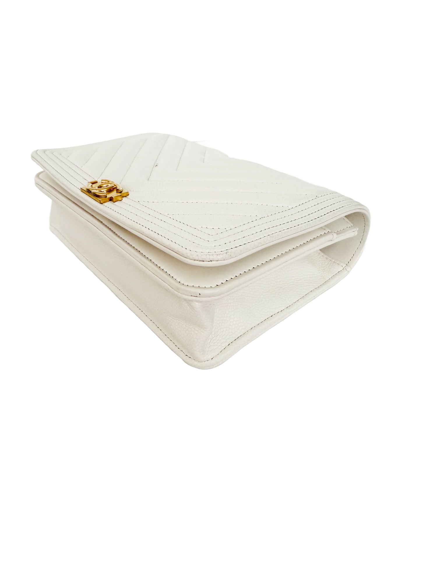 Chanel Boy Wallet On Chain White Caviar Gold Hardware