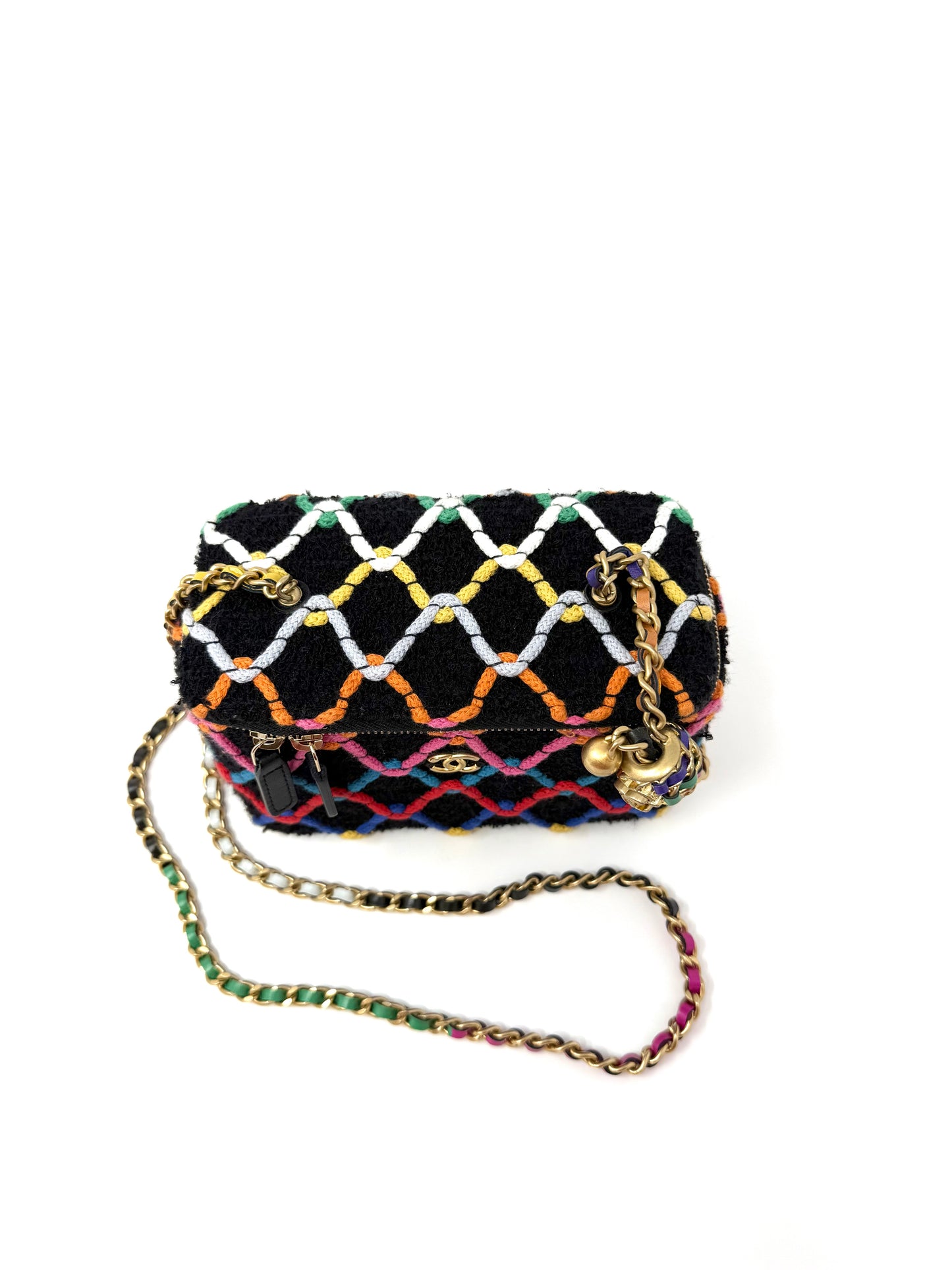 CHANEL Diamond Threaded Tweed CC Pearl Crush Vanity Chain Rainbow Multicolor