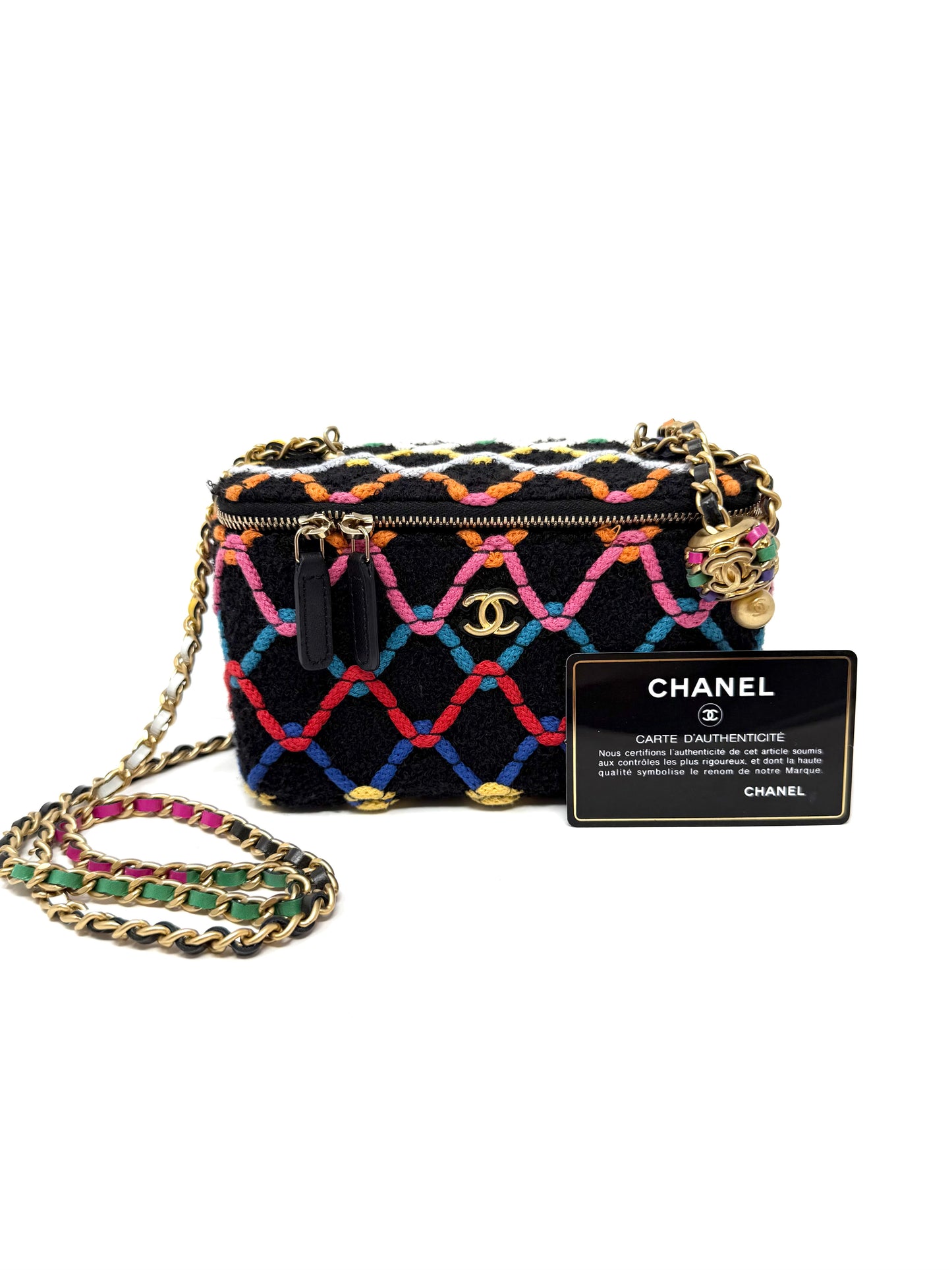 CHANEL Diamond Threaded Tweed CC Pearl Crush Vanity Chain Rainbow Multicolor