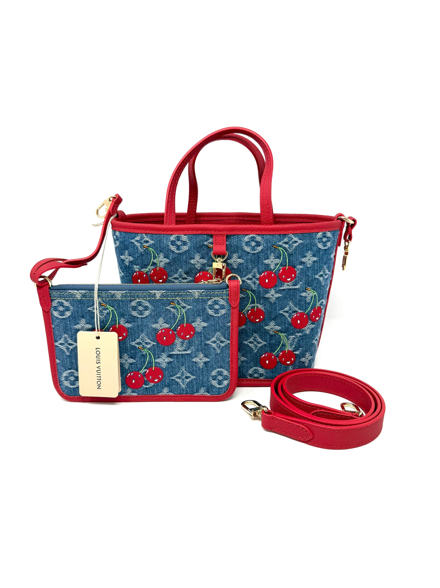Louis Vuitton x Takashi Murakami Neverfull BB Inside Out Denim Cerises Cherry