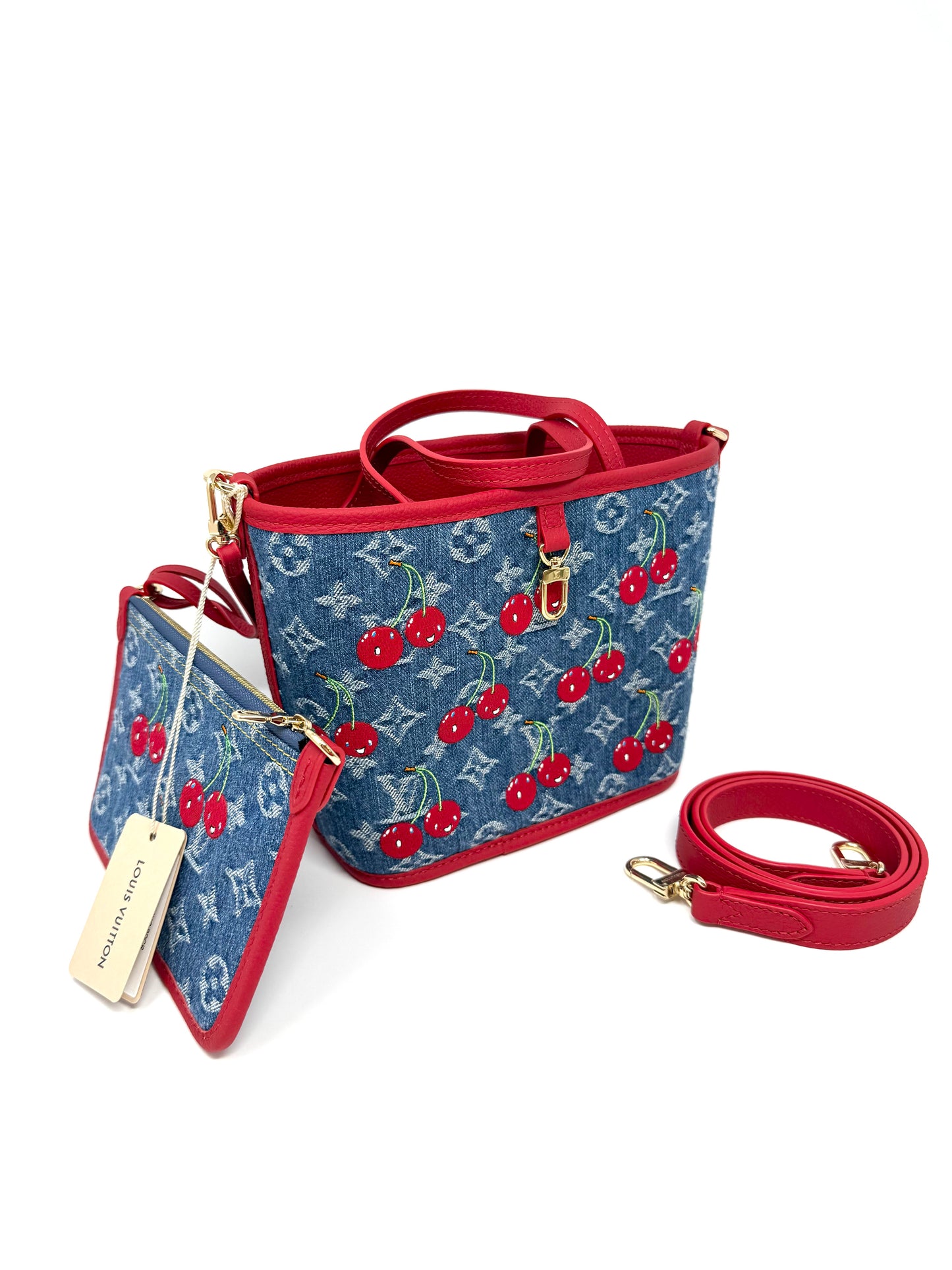 Louis Vuitton x Takashi Murakami Neverfull BB Inside Out Denim Cerises Cherry