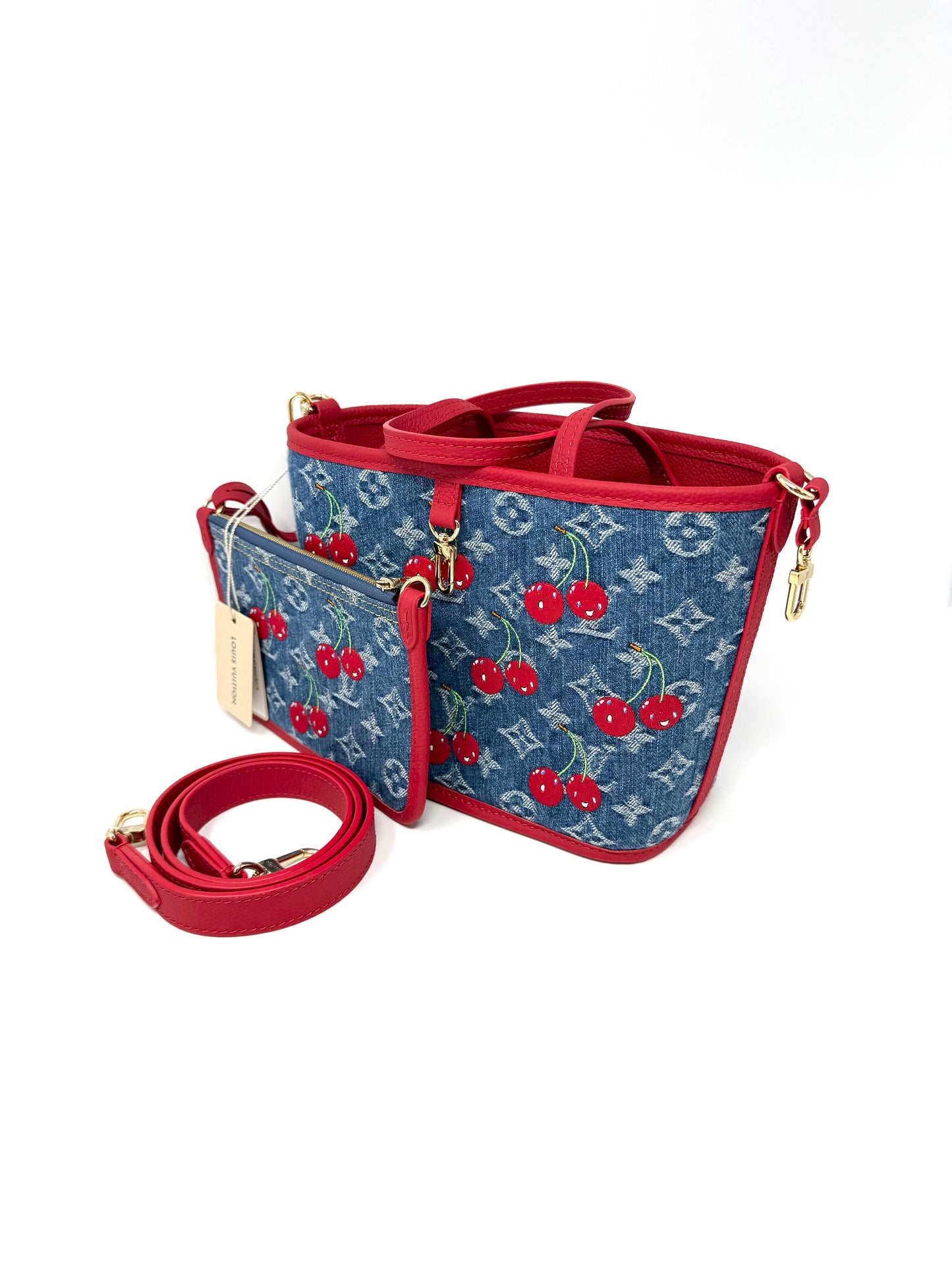 Louis Vuitton x Takashi Murakami Neverfull BB Inside Out Denim Cerises Cherry